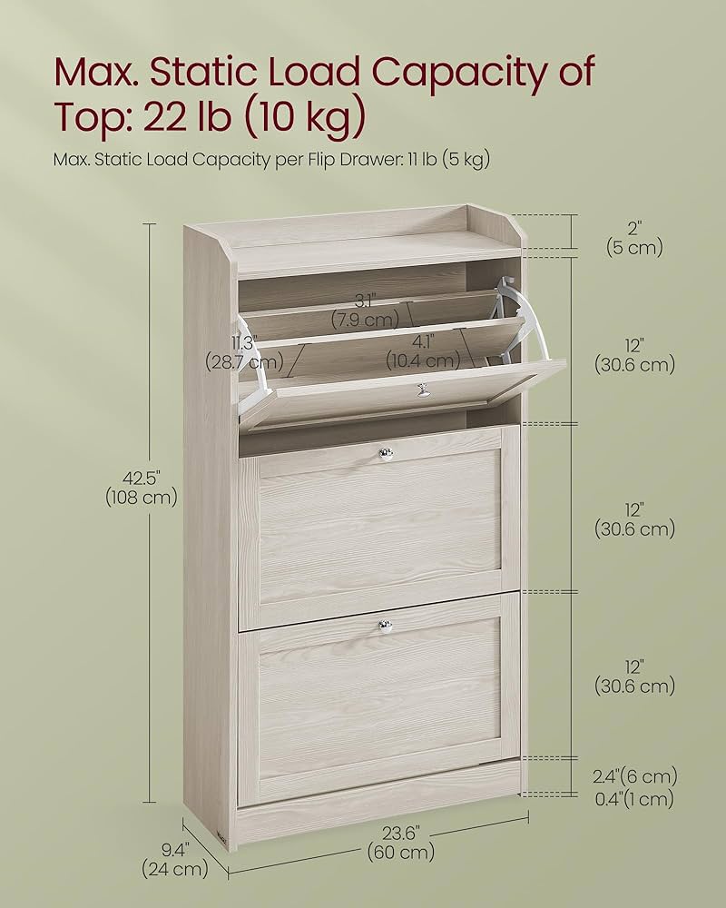 Amazon.com: VASAGLE Shoe Cabinet with 3 Flip Drawers, Shoe