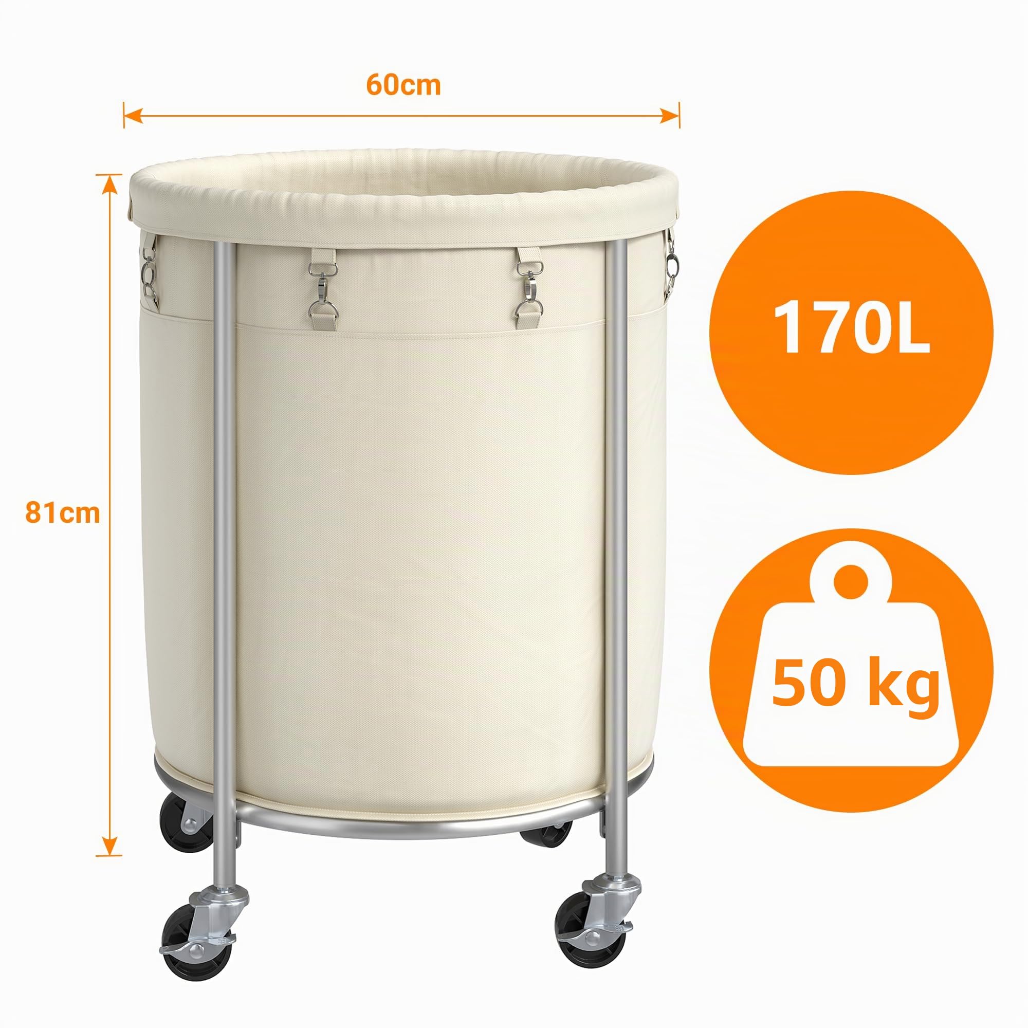 ELYKEN Panier à Linge avec Roulettes, Panier à Linge à Roulettes de 170 L, Chariot à Linge Rond avec Cadre en Acier et sac Amovible 4 Roulettes et 2 Freins, Sale pour Hôtel Maison, Crème