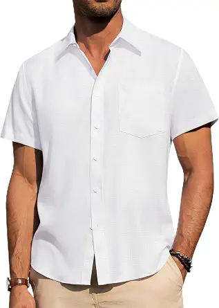 Mens Linen Shirts Short Sleeve Button Down Shirts Wrinkle Free Casual Vacation Beach Summer Tops