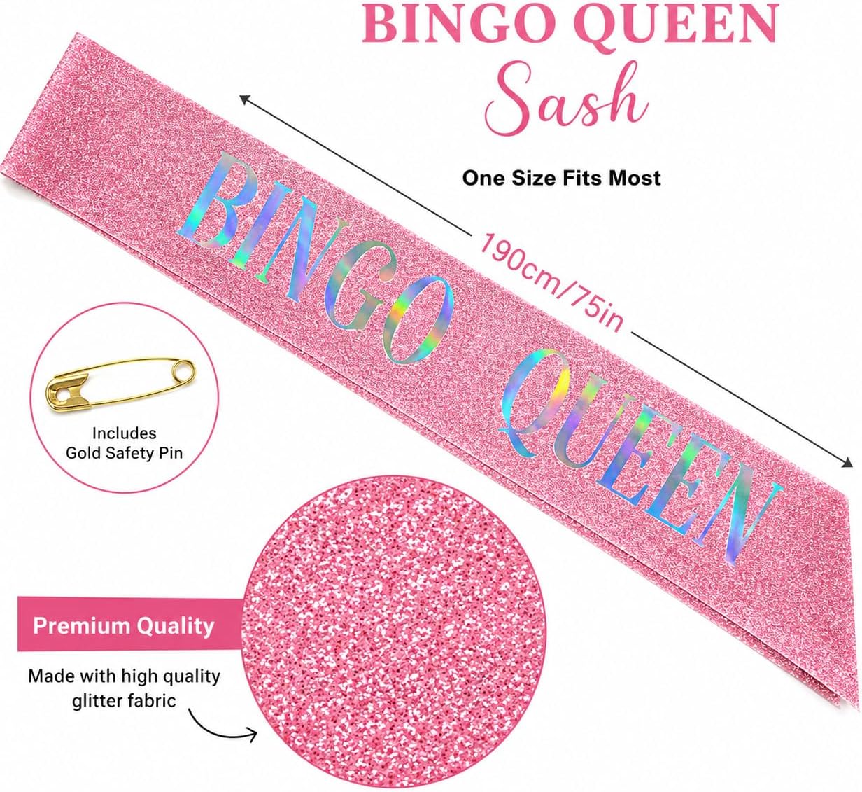 Bingo Queen Sash- 74.8 in x 3.74in for Women Adult Multiple Colors (Black- Gold Writing)