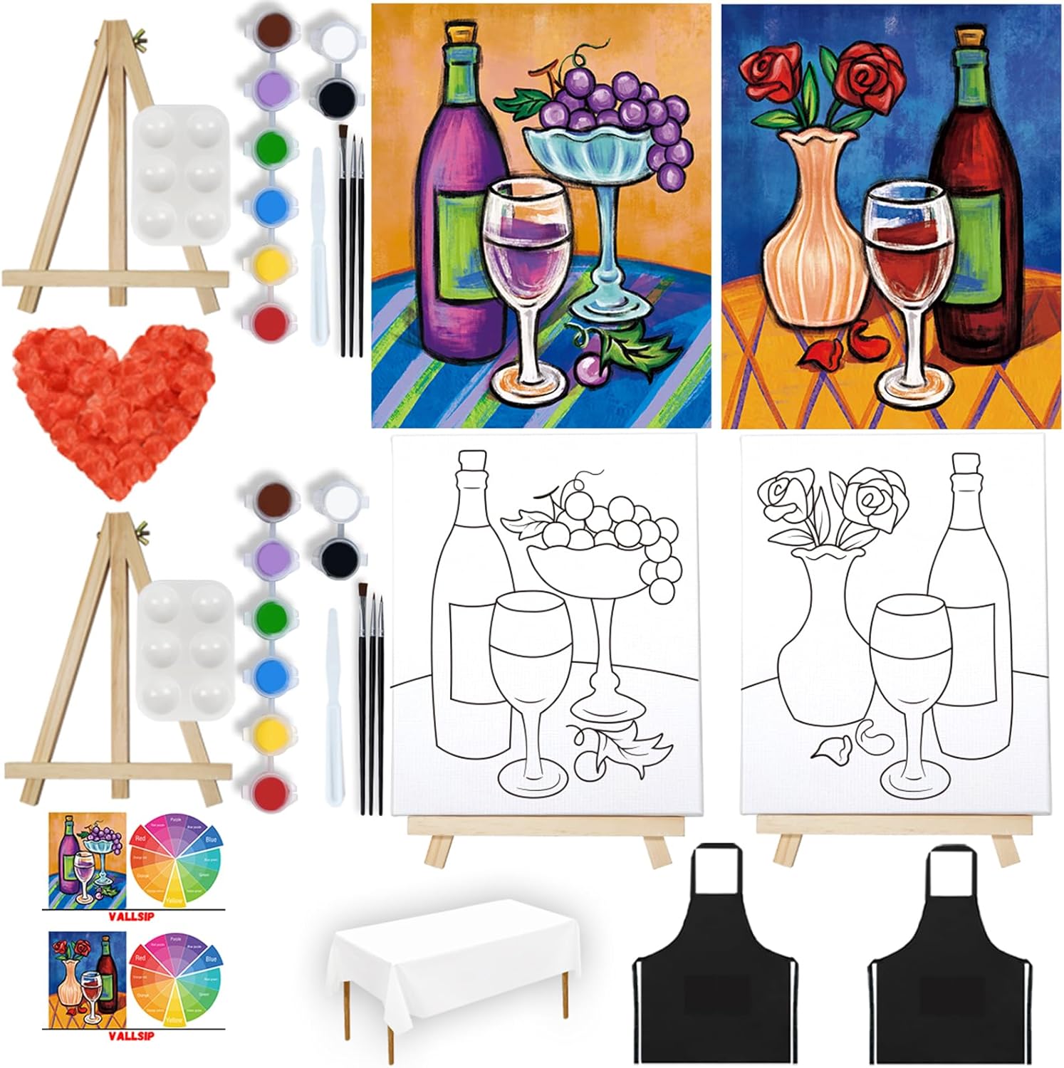 VALLSIP 2 Pack Paint and Sip Canvas Painting Kit Pre Drawn Canvas for Painting for Adults Stretched Canvas Couples Games Date Night Paint Party Anniversary Valentines Day Still life