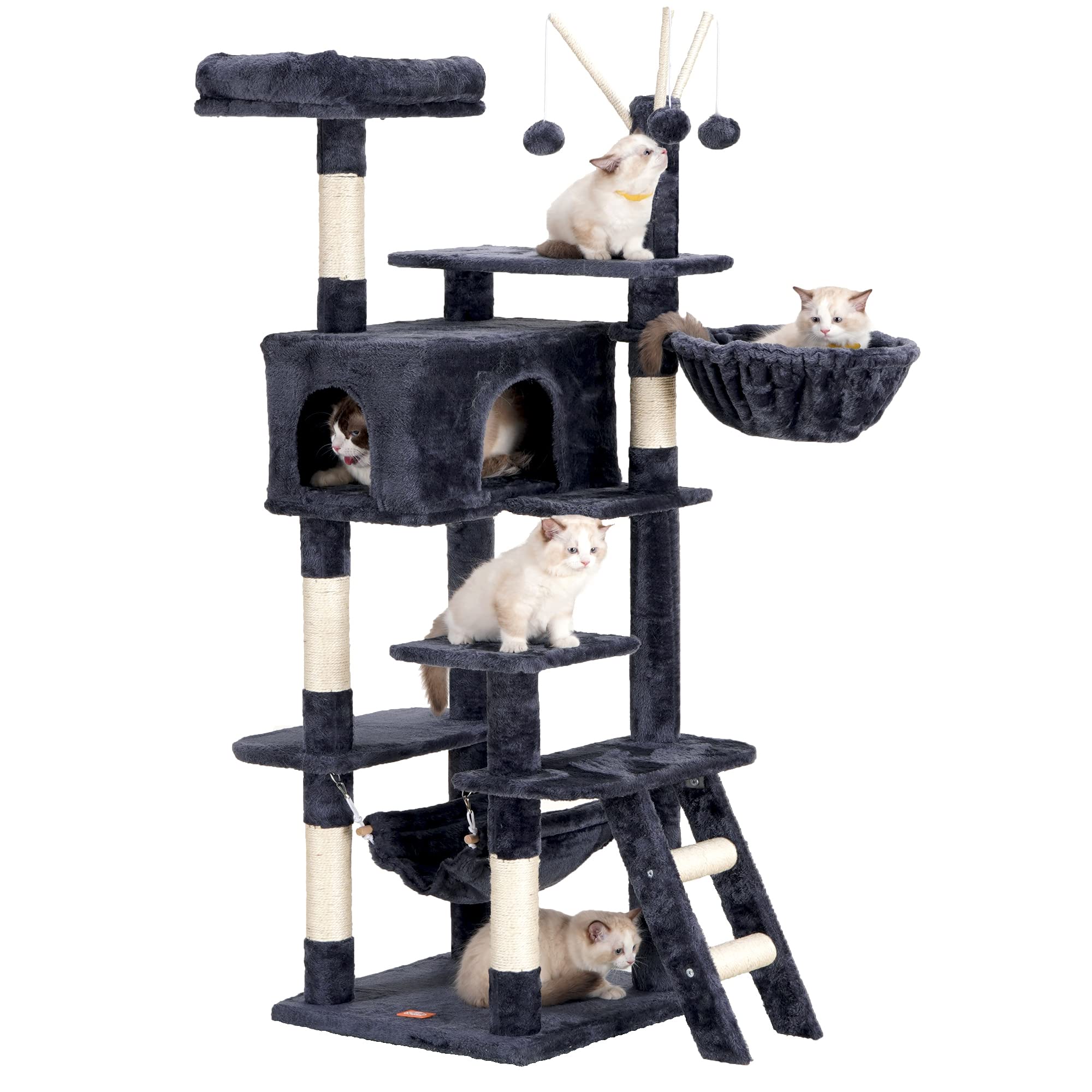 Photo 1 of ***PET HAIR*** Heybly Cat Tree 63 inches Large Cat Tower for Indoor Cats,Multi-Level Cat Furniture Condo for Large Cats with Padded Plush Perch, Cozy Basket and Removable Fur Ball Sticks Smoky Gray HCT022G