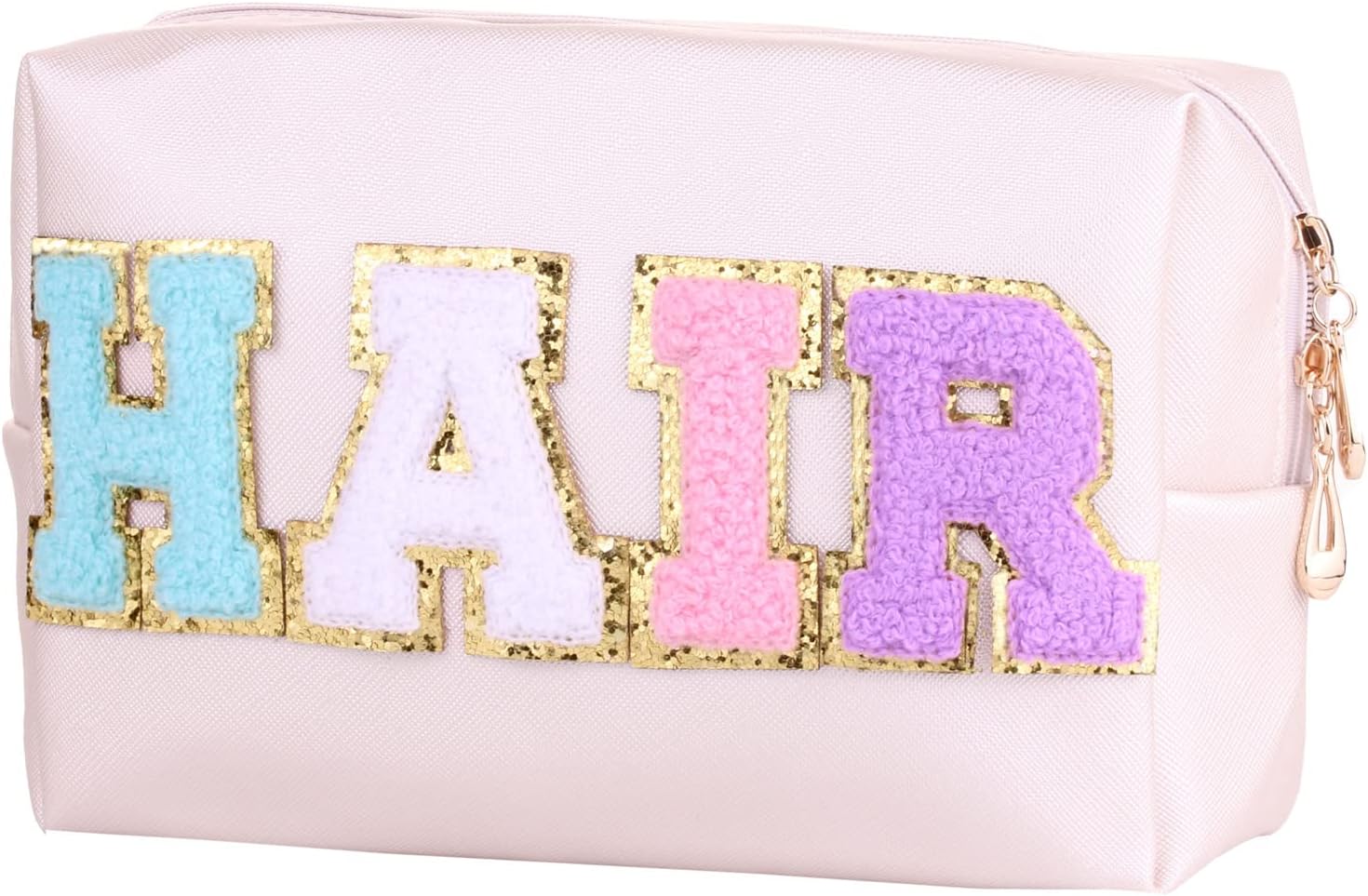 Preppy Patch Cosmetic Toiletry Bag for Women Girls SKIN Letters PU Leather Portable Makeup Bag Zipper Pouch Storage Purse Waterproof Organizer for Travel