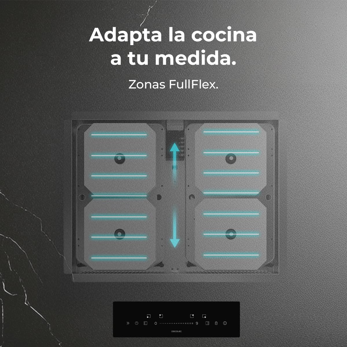 Cecotec Niewidoczna płyta indukcyjna 60 cm Bolero Squad I 4300 Invisible FullFlex. 7200W, panel z suwakiem, strefami FullFlex, 9 prędkościami i funkcją wzmacniacza, timer, blokada bezpieczeństwa