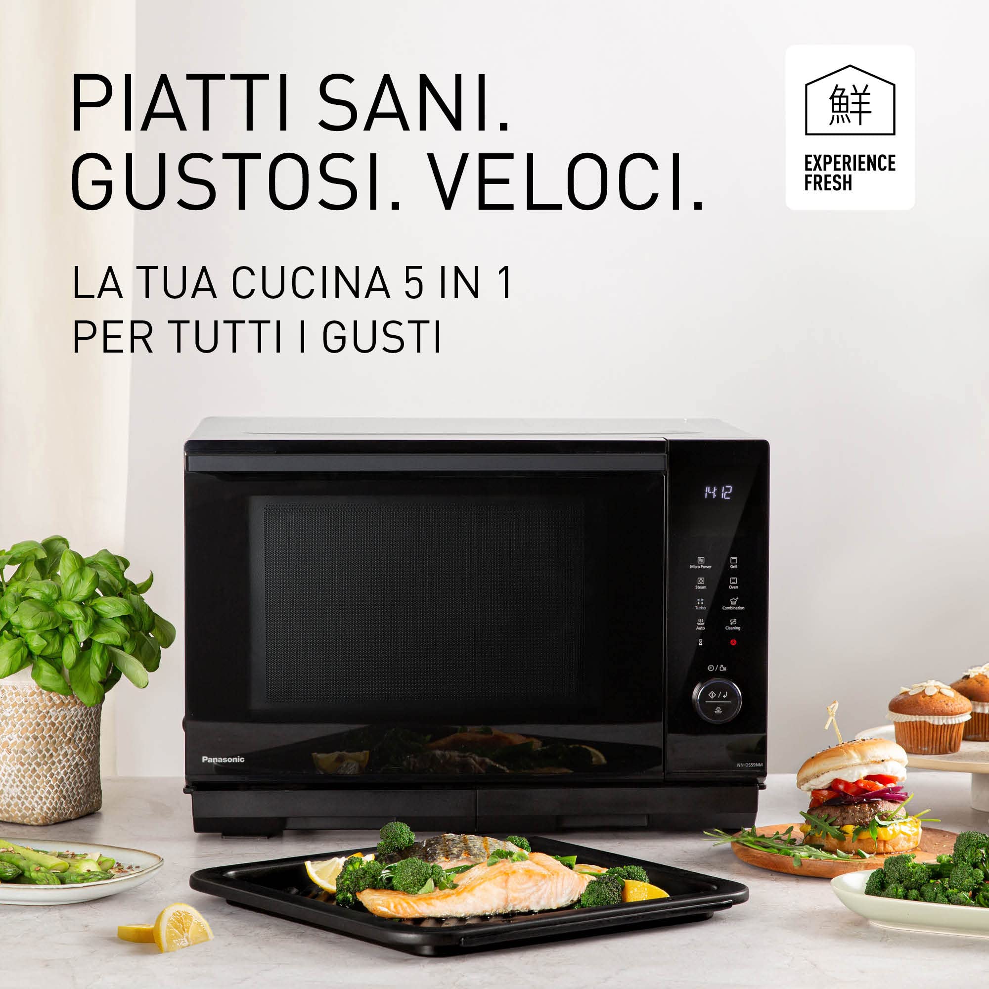 Panasonic NN-DS59NMETG Forno Microonde Combinato e Grill 4 in 1, Flatbed, 27 Litri, 1000W, Cottura a Due Livelli, Sensore Genius, 32 Programmi Automatici, Vassoio Grill, Pulizia Facile, Nero