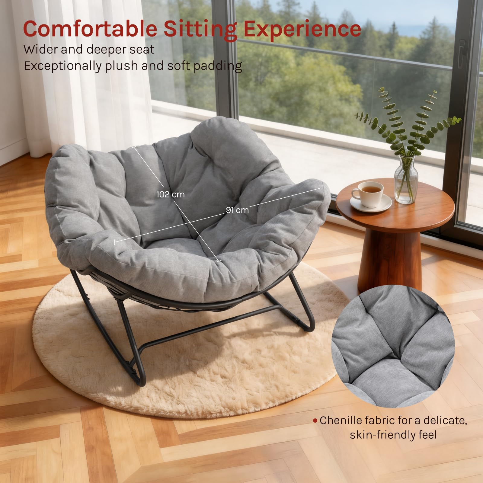WOLTU Sedia a Dondolo a Forma di Uovo, Poltrona Relax con Gambe Curve, Struttura in Metallo e Cuscino in Ciniglia, Portata 150 kg, per Salotto e Balcone, Grigio Chiaro