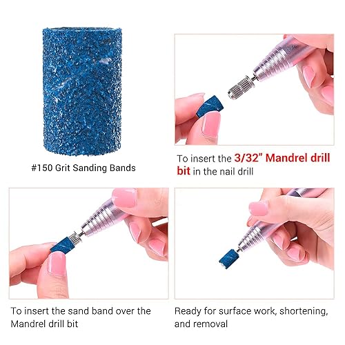 Miniatura 223 de MelodySusie 100 unidades de brocas de uñas, bandas de lijado para taladro de uñas, 120 bandas de lijado de lima de uñas de grano medio para uñas