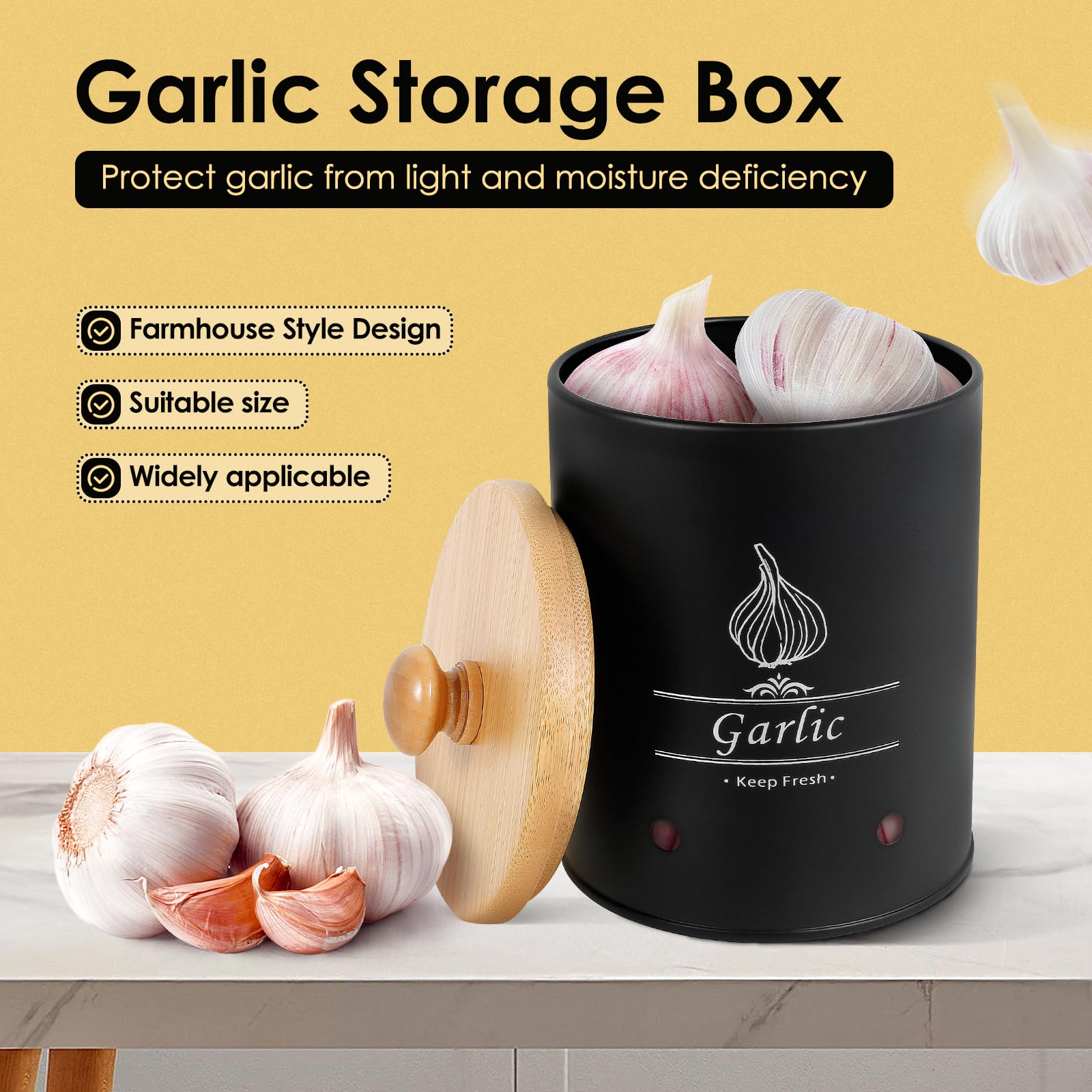 Garlic Keeper with Bamboo Lid, Metal Garlic Storage Tin for Counter, Garlic Storage Container, Large Garlic Keeper, Garlic Container Garlic Saver Jar Vegetable Canister for Kitchen Pantry (Black)