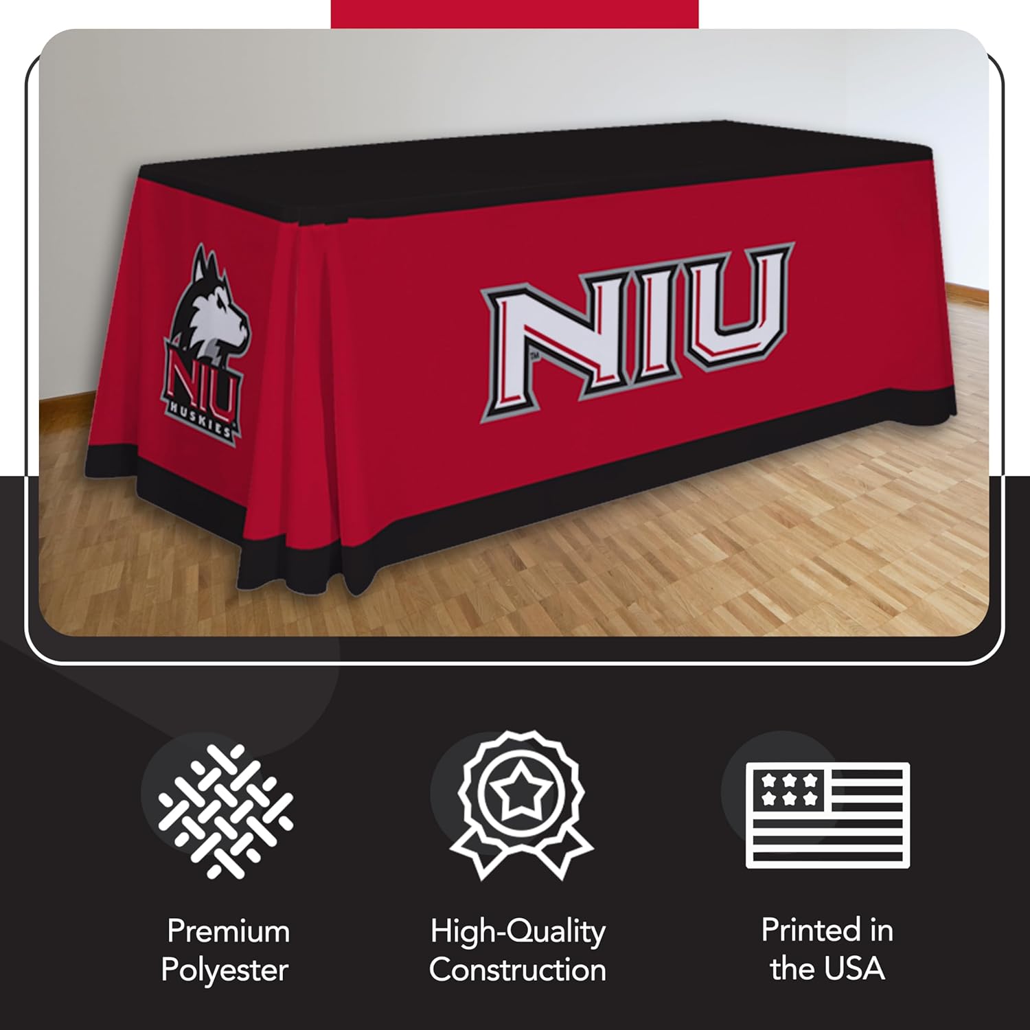 Victory Corps Northern Illinois Huskies College Sports Printed Table Throw - NCAA Licensed - Polyester - School Tablecloth (Red, Black) (6' Draped)