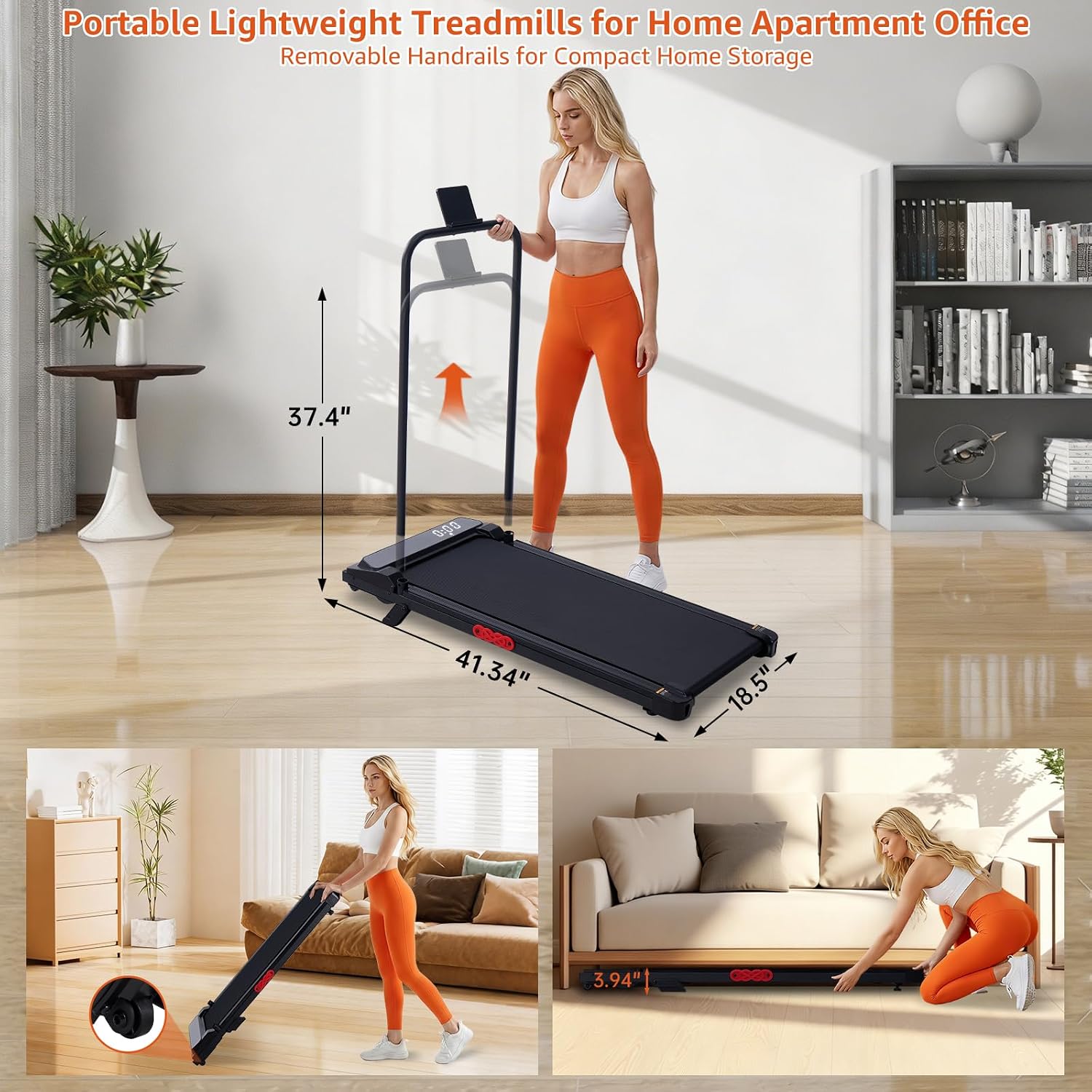 Walking Pad Treadmill with Handle Bar, 3.0HP Portable Electric Treadmills for Exercising, 0.6-7.6MPH Mini Walking Pad Treadmill with Incline, Under Desk Treadmills for Home Small, 350LBS image 7