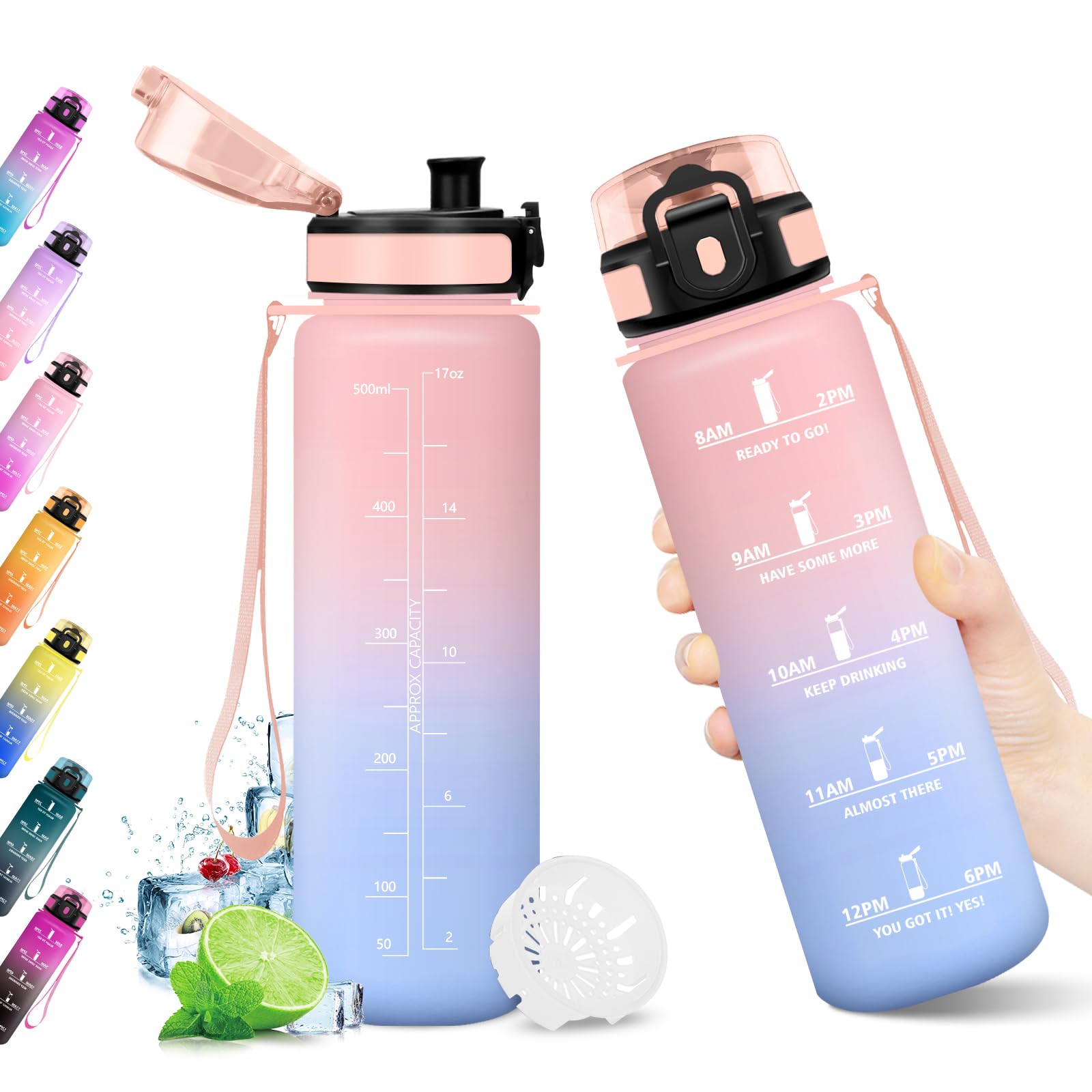 Borraccia 500ml, Bottiglia senza BPA, Borraccia con Filtro, Bottiglia Riutilizzabile, Borraccia Sportiva con Marcatori Temporali, A Prova di Perdite, Borraccia Sport per Bambini, Scuola, Ufficio