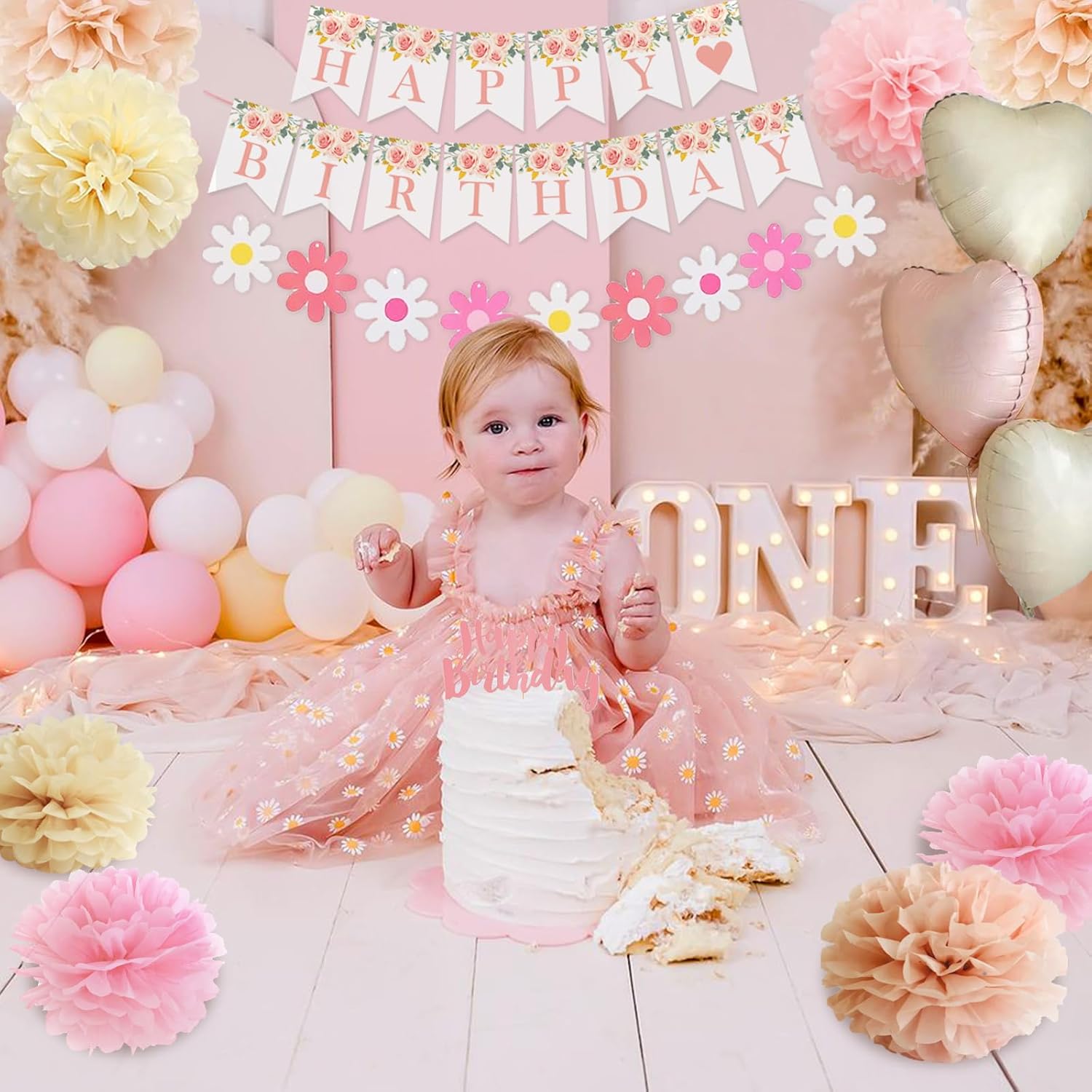 Retro Pink Birthday Decorations for Women, Boho Happy Birthday Party Decorations, Flower Happy Birthday Banner, Pink Fringe Curtain, Daisy Banner Decorations for Party - Image 4