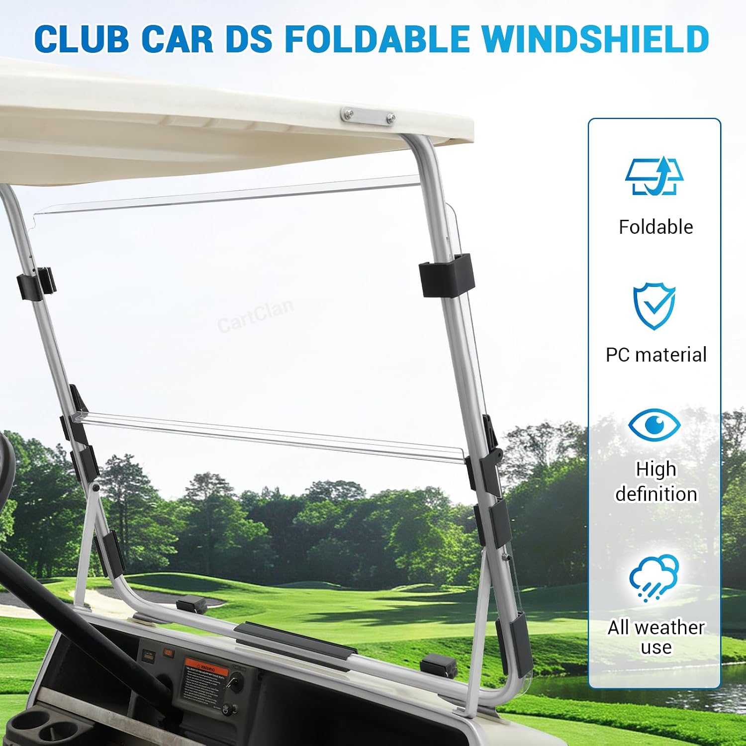 Club Car DS Windshield(Clear), Golf Cart Foldable Windshield Suitable for 1982-2000.5 Club Car DS Golf Carts, Club Car Foldable Clear Windshield Replacement, PC Shield