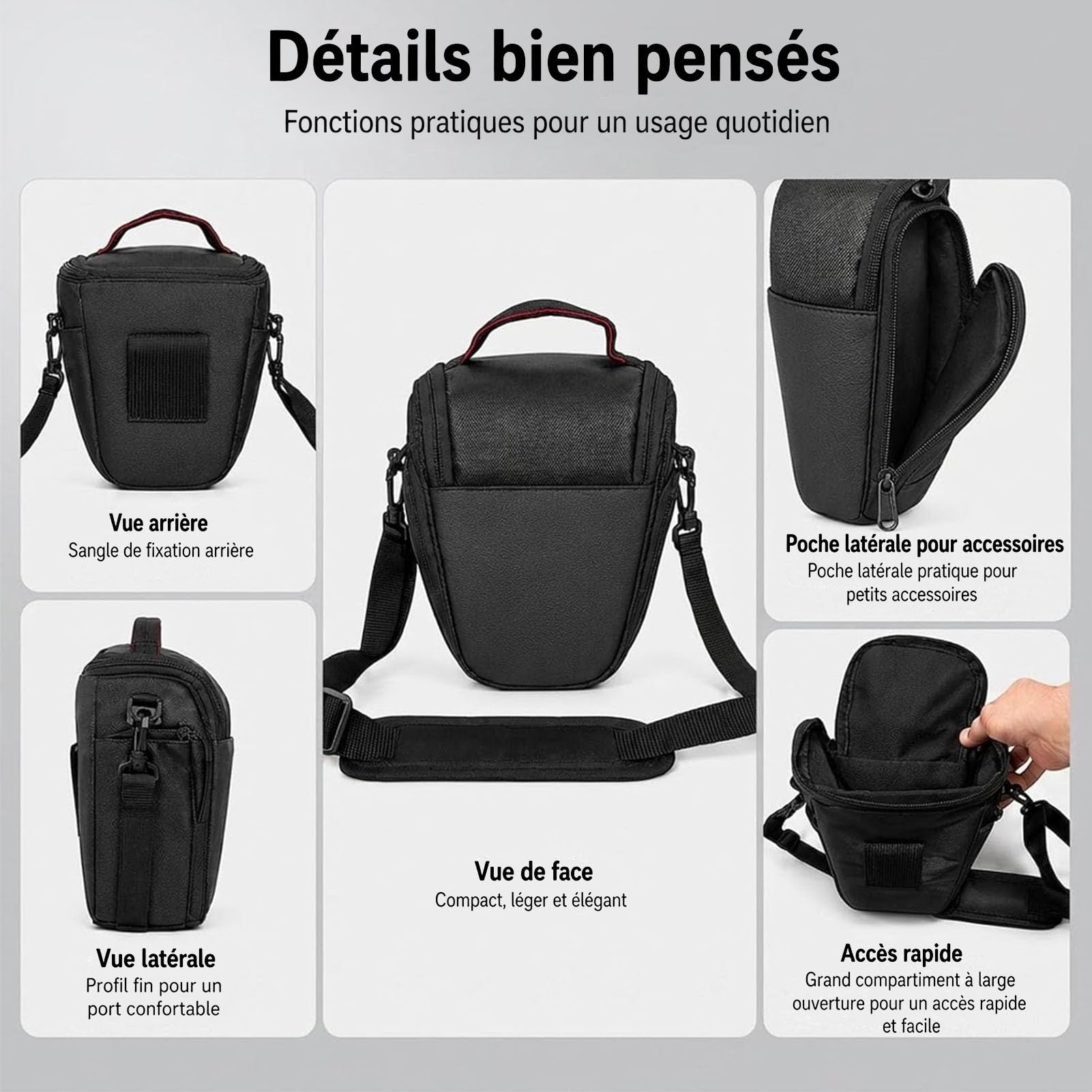 Sac Appareil Photo Noir 21x18x11 cm Sacoche Compacte pour Hybride Numérique Reflex DSLR SLR Bandoulière Amovible Réglable