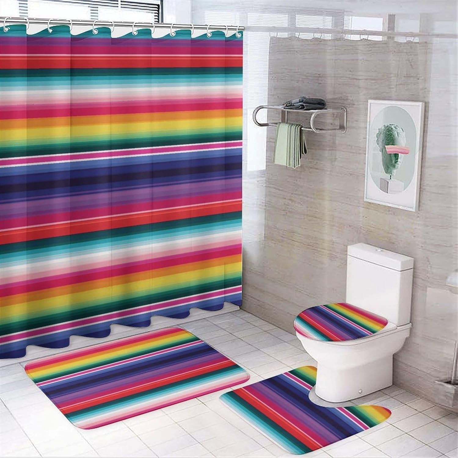 4 Piece Bathroom Rug Set with Shower Curtain, Non-Slip Bath Mat Toilet Cover Set, Colorful Mexican Stripes Bathroom Rug Sets