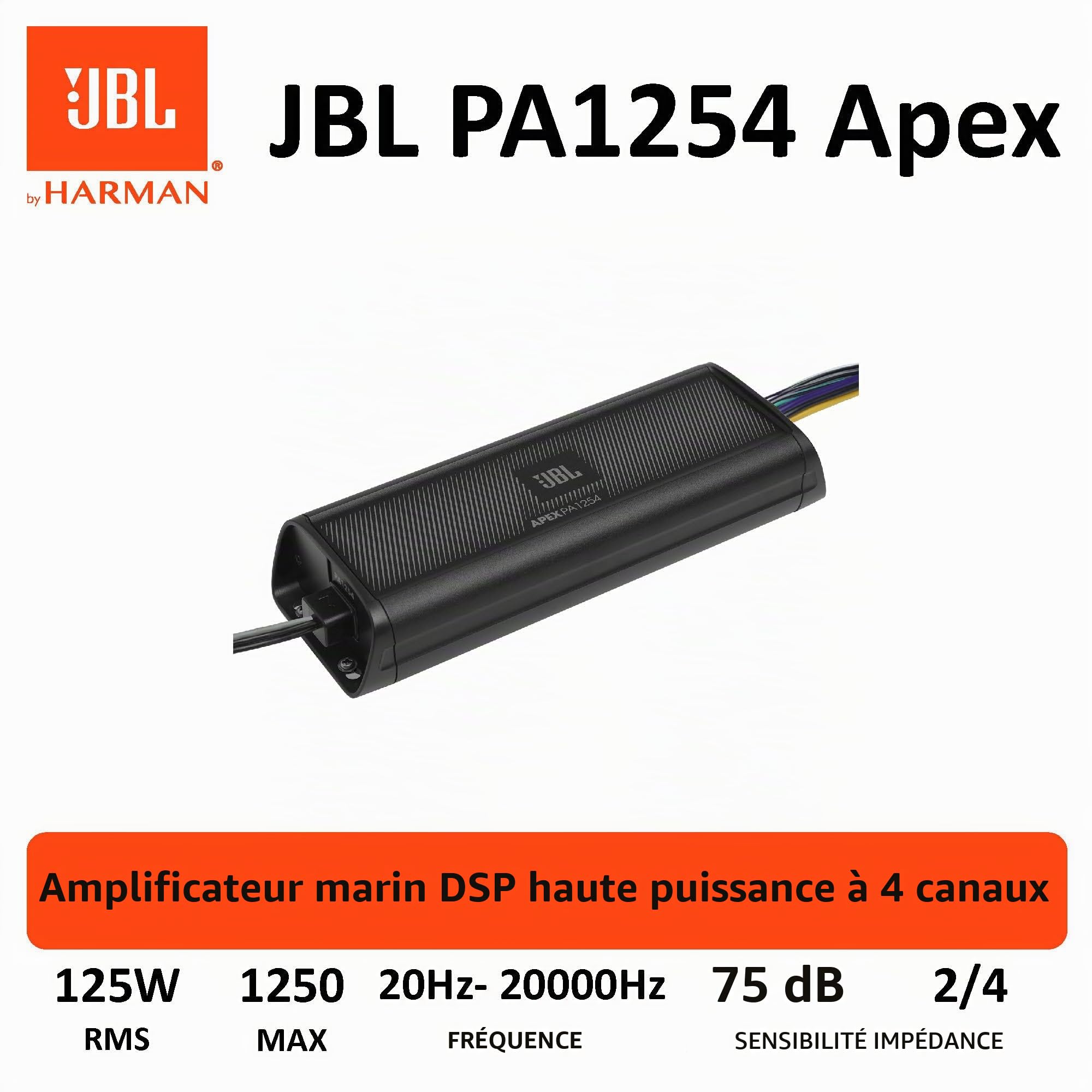 JBL APEX PA1254 - Ampli Voiture et Bateau 4 canaux - 1250 Watts Hifi Stéréo Ultra Compact et Puissant - Amplificateur Mini Étanche Classe D JBL pour la Marine et l'Automobile et les Sports Motorisés