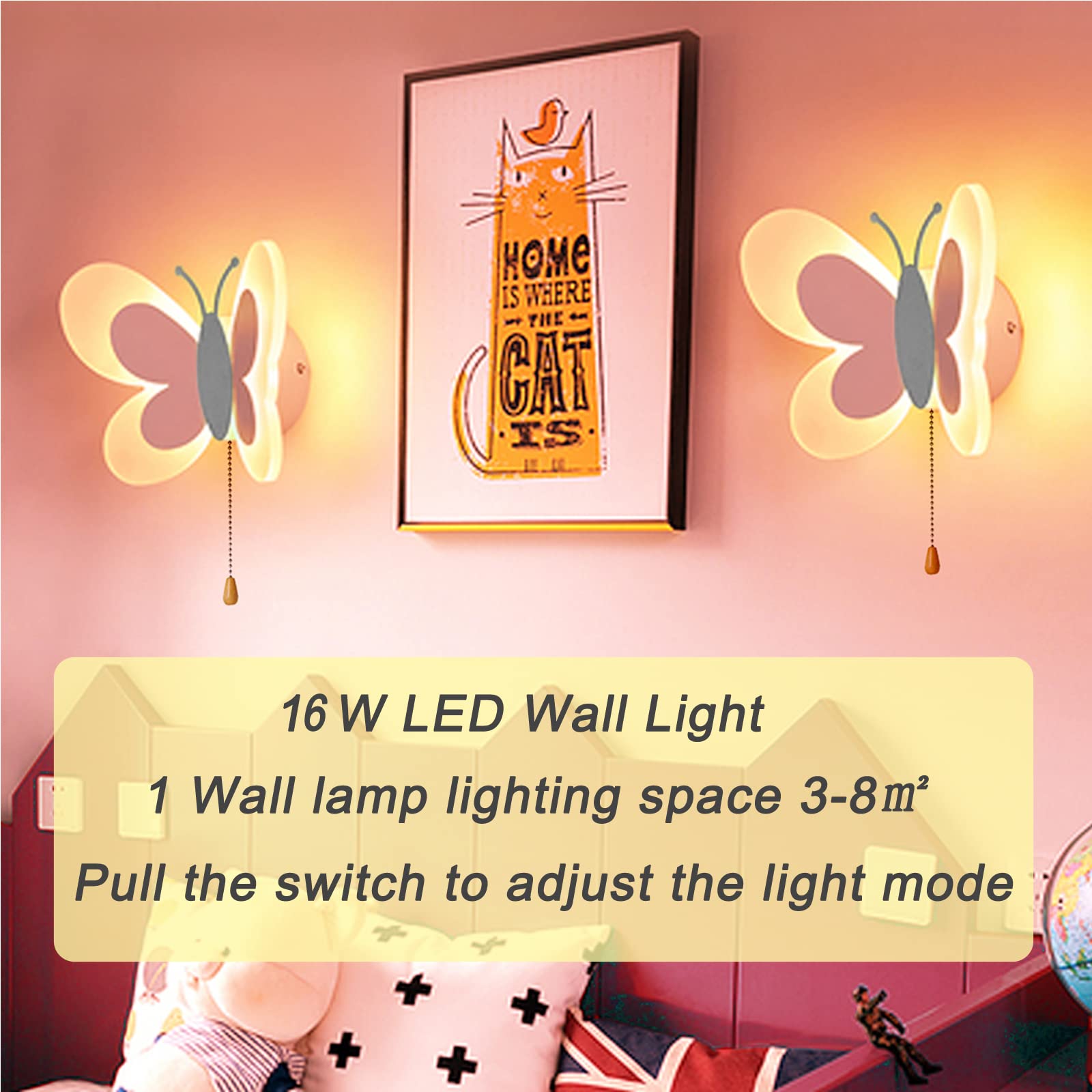 Wandlampe Kinderzimmer Mädchen mit Schalter, LED Wandleuchte Dimmbar Schmetterling Lampe Deko Innen Kinder Schlafzimmer 16W Wand Raumlampe Babyzimmer Nachtlicht, Rosa Weiß