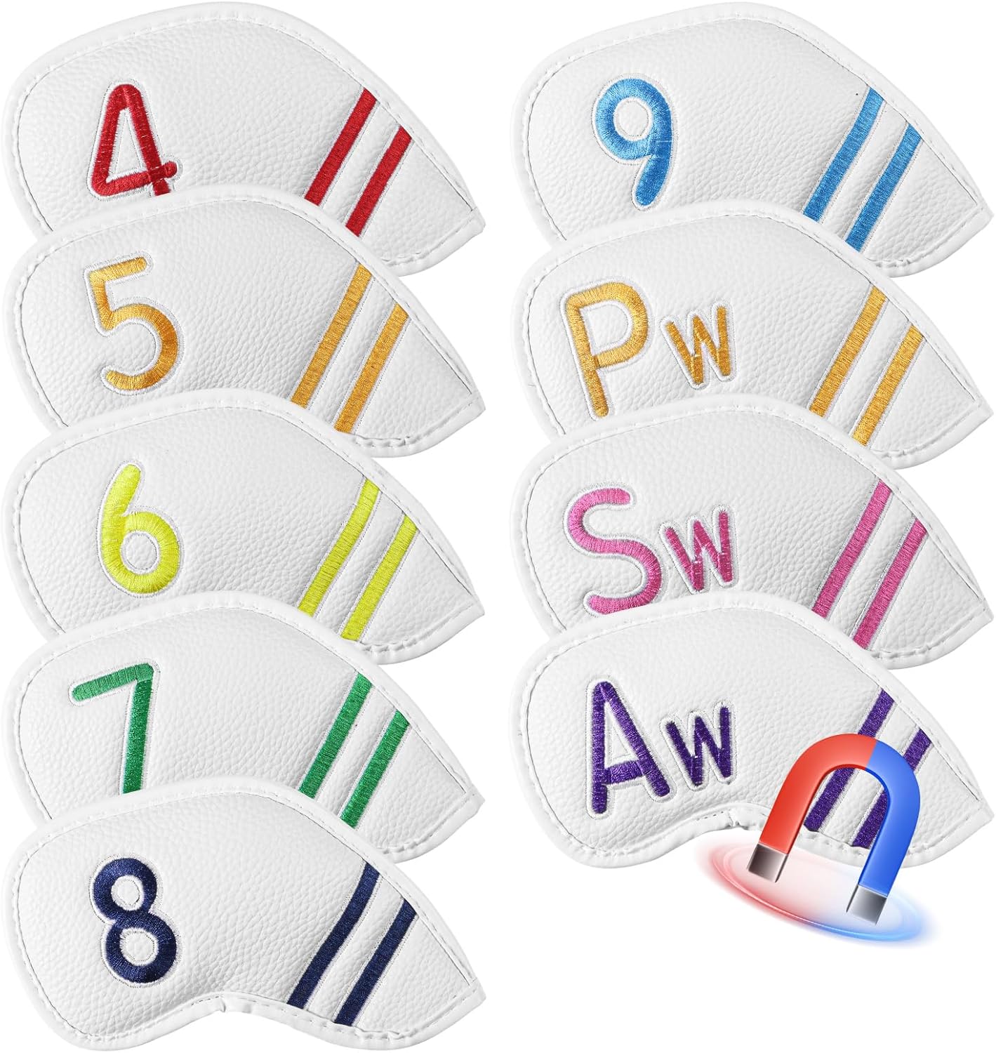 FINGER TEN Magnetic Golf Club Head Covers Value 9 Pack for Iron and Wedge, Premium PU Leather with Double-Sided Colorful Embroidery Label, Stylish Black Covers for Strong Protection