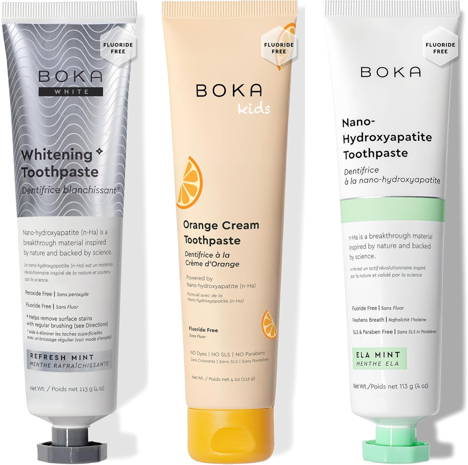 Boka Fluoride Free Toothpaste, Nano Hydroxyapatite Toothpaste, Appropriate for Sensitive Teeth - for Adult, Kids Oral Care - Ela Mint Flavor, Whitening*, Orange Cream, 4oz 3pk