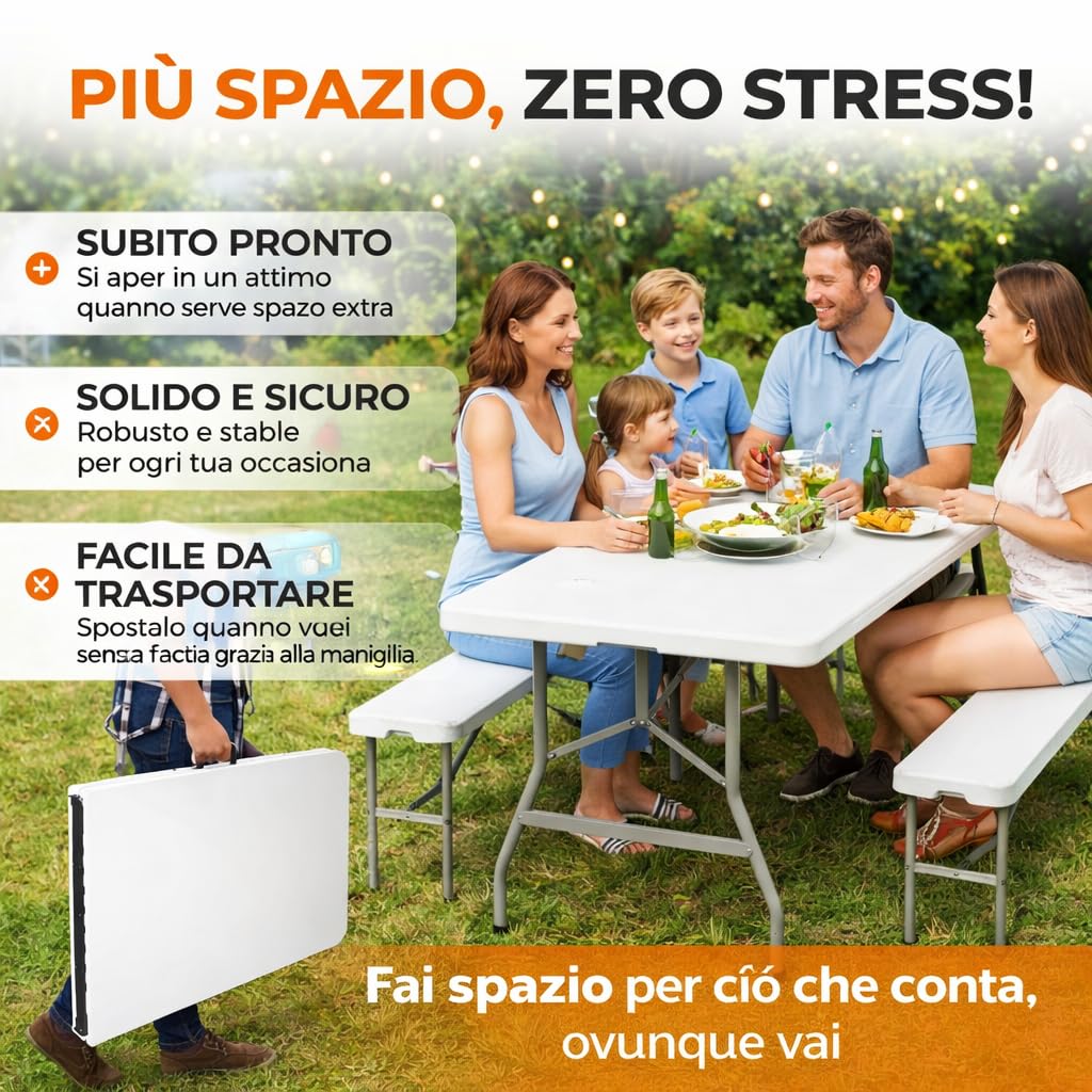 Tavolo Pieghevole Richiudibile a Valigia 181x74x74 cm - Struttura Acciaio, Piano HDPE Impermeabile, Portata 150 kg, Maniglia Trasporto, Piedini Antiscivolo - Tavolo Salvaspazio per Casa, Giardino