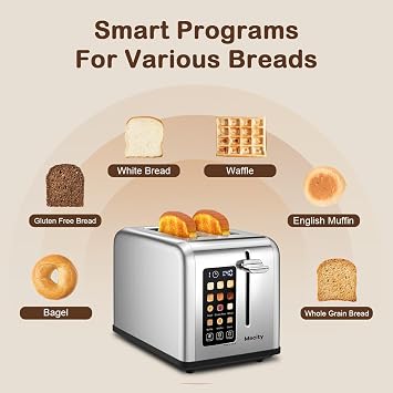 Mecity 2 Slice Toaster Touch Screen 1.5 Wide Slot, Stainless Steel Smart Bread Toaster for Bagel Muffin Waffle Gluten Free Breads, Timer, Defrost, Reheat, 120V 825W