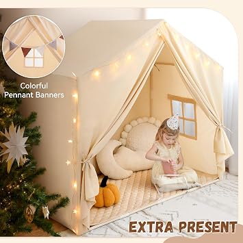 Razee Kids Play Tent with Padded Mat, Indoor Playhouse Tent for Toddlers | Large Kids Tent Indoor Playhouse, Play House Tent Princess Play Cottage for Girls Toy House Birthday Gift - Beige