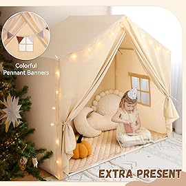 Kids Play Tent with Padded Mat, Play Tent for Toddlers, Large Kids Tent Indoor Playhouse, Play House Tent Princess Play Cottage for Girls Toy House Birthday, Christmas Gift