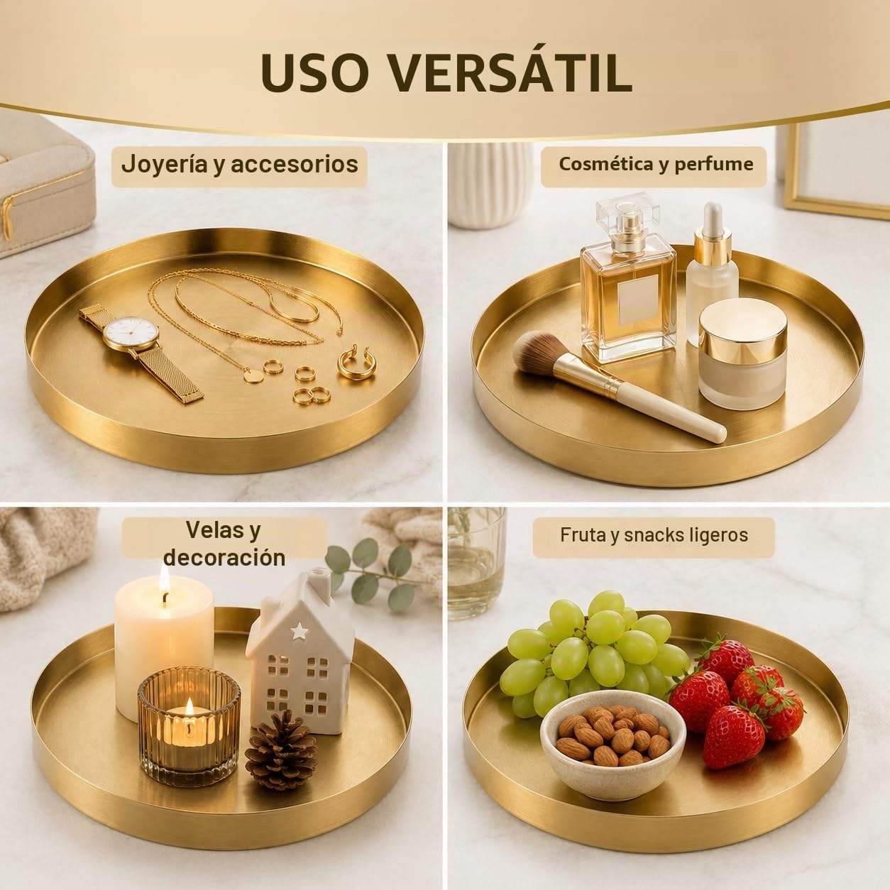 YAYODS bandejas para Servir Comida Acero Inoxidable, Bandeja Decorativa Dorada, diámetro de 30 cm, Altura de 2,8 cm, Plato Decorativo con Borde para Joyas, decoración de Mesa