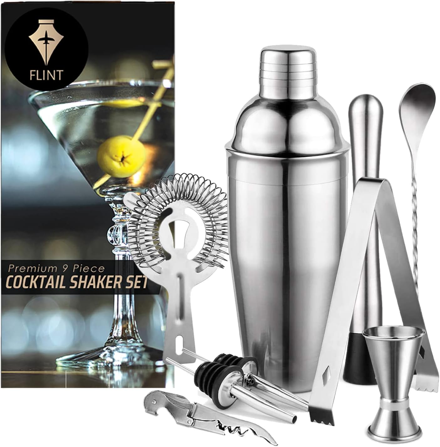 FLINT Cocktail Shaker Gift Set 9 PCS Drink Mixing Barware Set 750ml