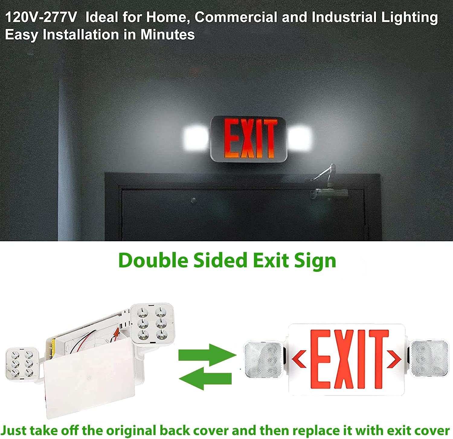 LED Combo Exit Sign Emergency Light, Double Sided with Two LED Flood Lights, Exit Signs for Business with Battery Backup, Fire Resistant UL 94V-0, Commercial Grade