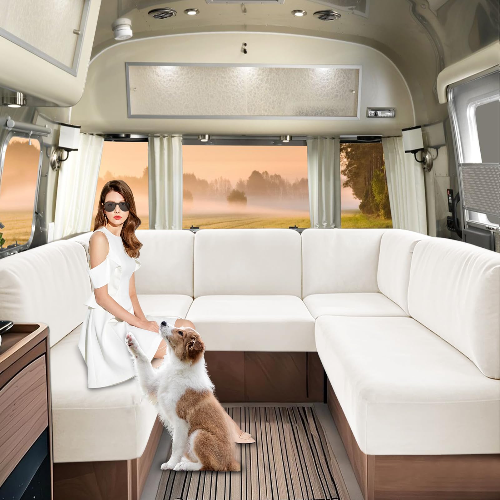 SHUOJIA Caravan Seat Covers Velvet, Motorhome Seat Cover with Elastic-band and Lacing, RV Sofa Cushion Cover for camper Washable（White-W65-90 cm,D65-90 cm）
