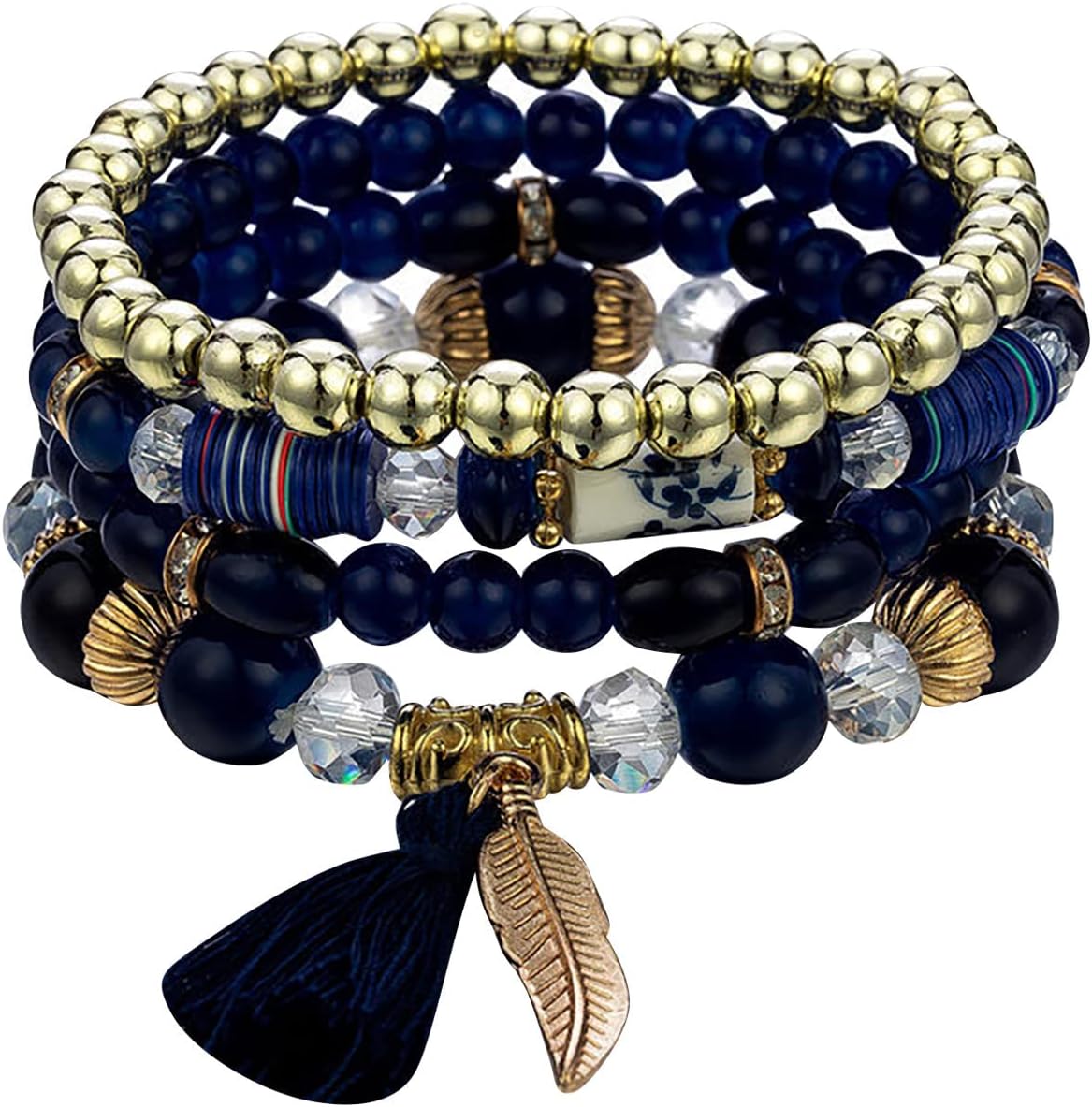 ZF4FED4YStackable Bead Bracelets Ladies Mens Stretch Multilayer Bracelet Set Multicolor Jewelry Lad Weather (Blue, One Size)