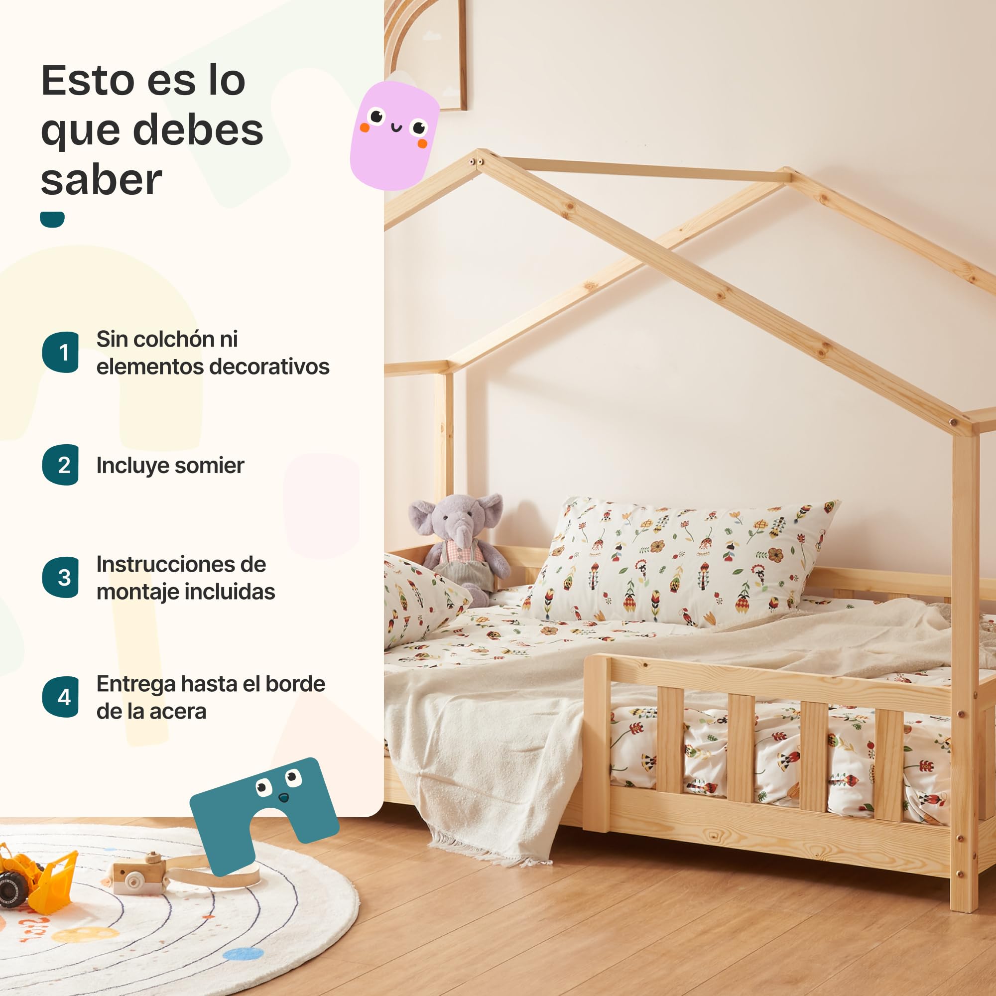 [en.casa] Cama para niños Casita Treviolo hasta 120 kg Cama Infantil con Reja Protectora Forma de casa de Madera Pino 120 x 200 cm - Pino Natural