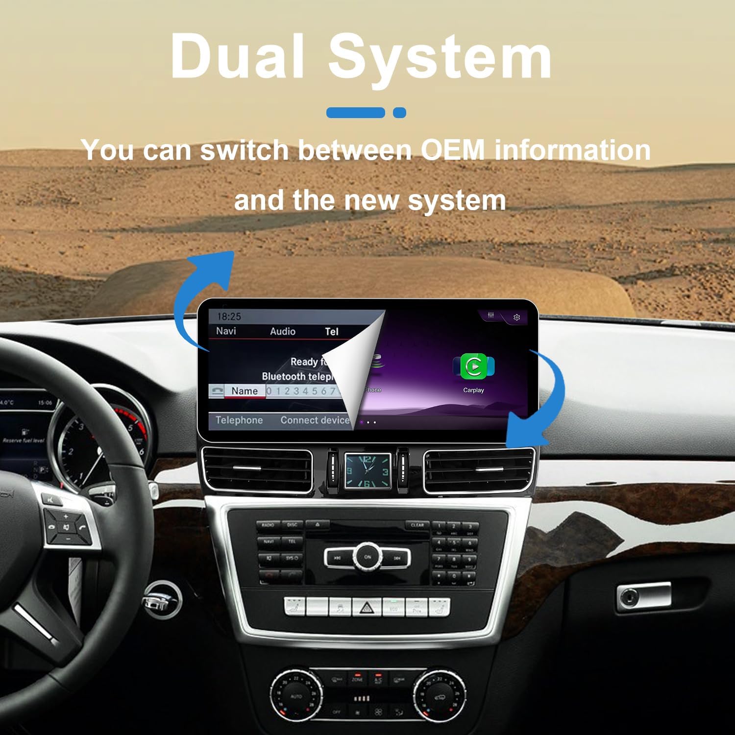Image demonstrating the dual system functionality, showing a transition from the OEM Mercedes-Benz interface to the new multimedia screen interface.