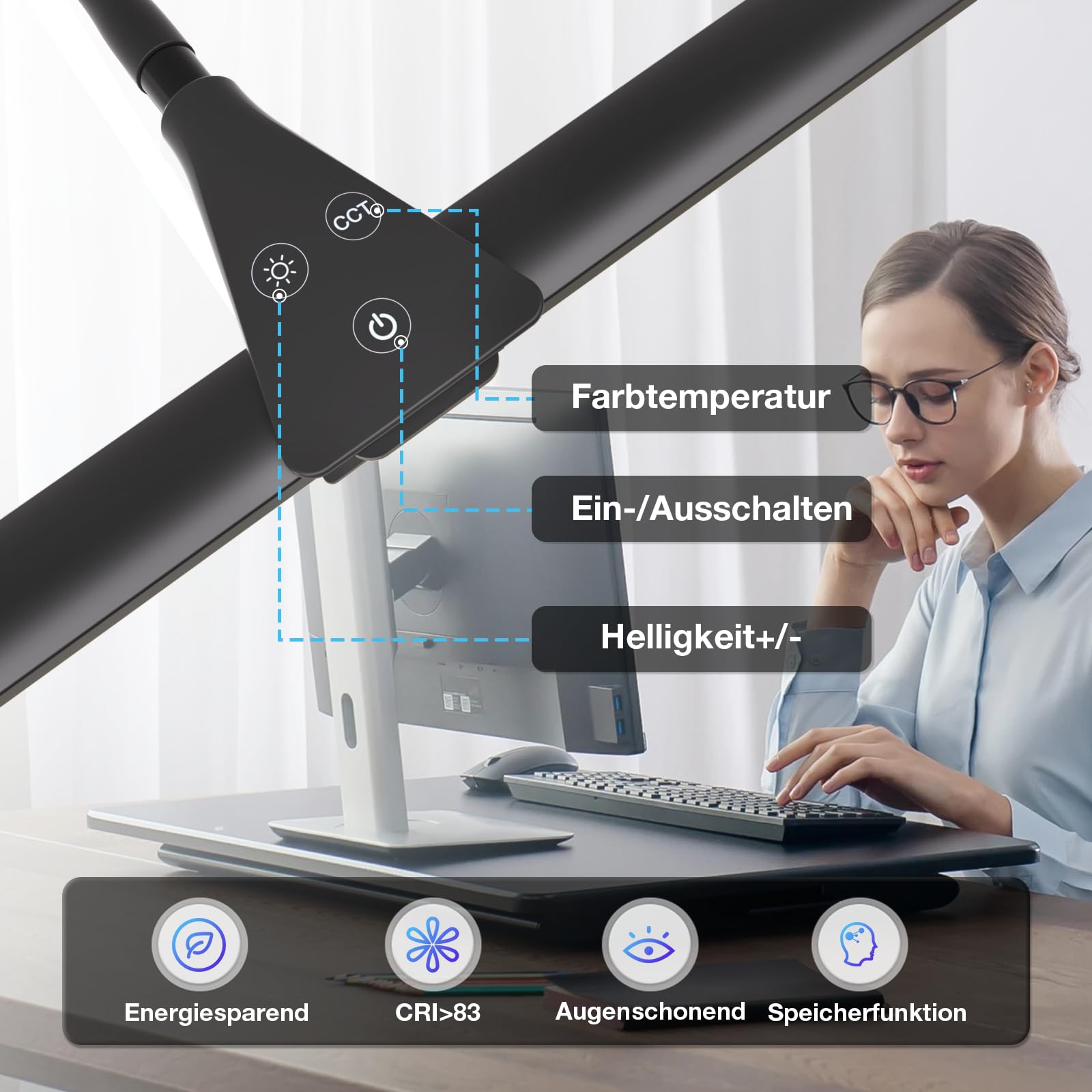 Hensam Schreibtischlampe LED Dimmbar, 1400LM Doppelkopf Schreibtischlampen Klemmbar, Bürolampe mit Schwanenhals für Zuhause und Studio, CRI>83, 5 Farbtemperatur-Helligkeitsstufen, Schwarz