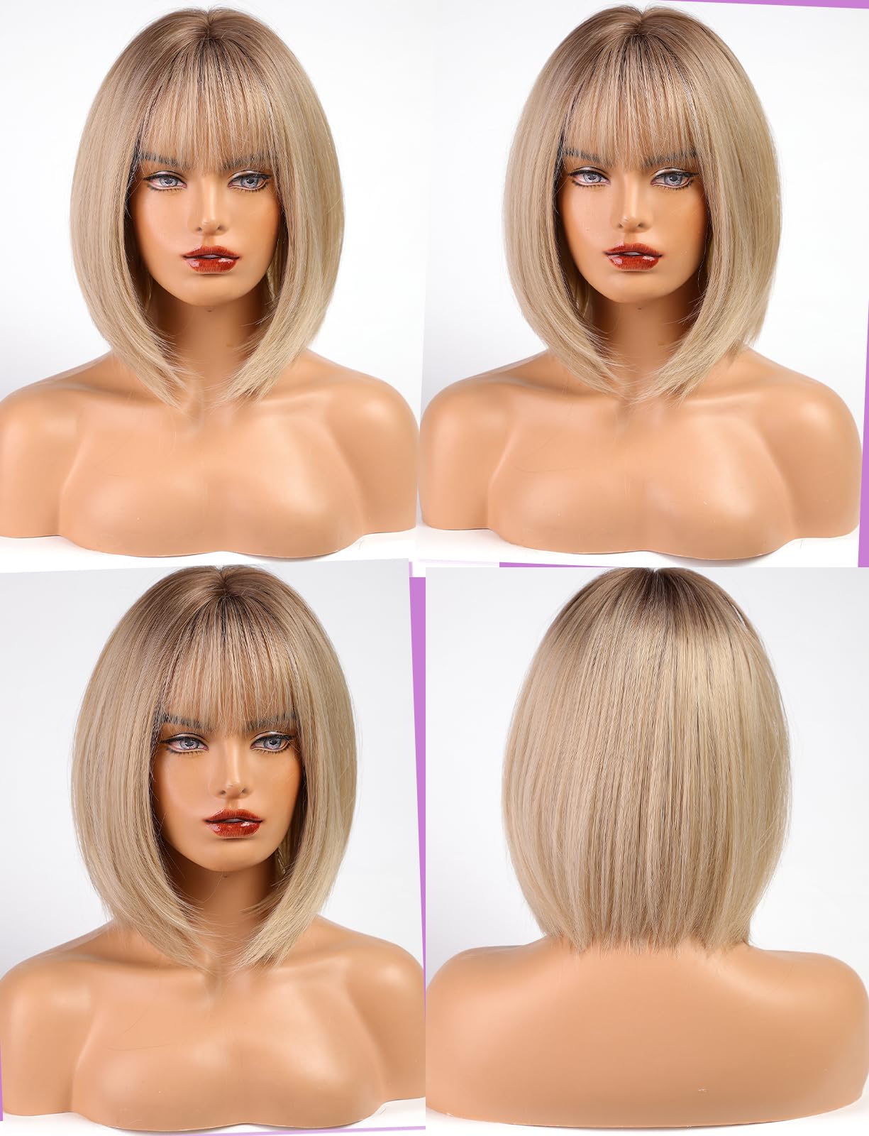 Workstar Blonde bob Wigs for Women Synthetic Wig with Fringe, Ombre Blonde with Dark Roots, 22 inches - Image 4