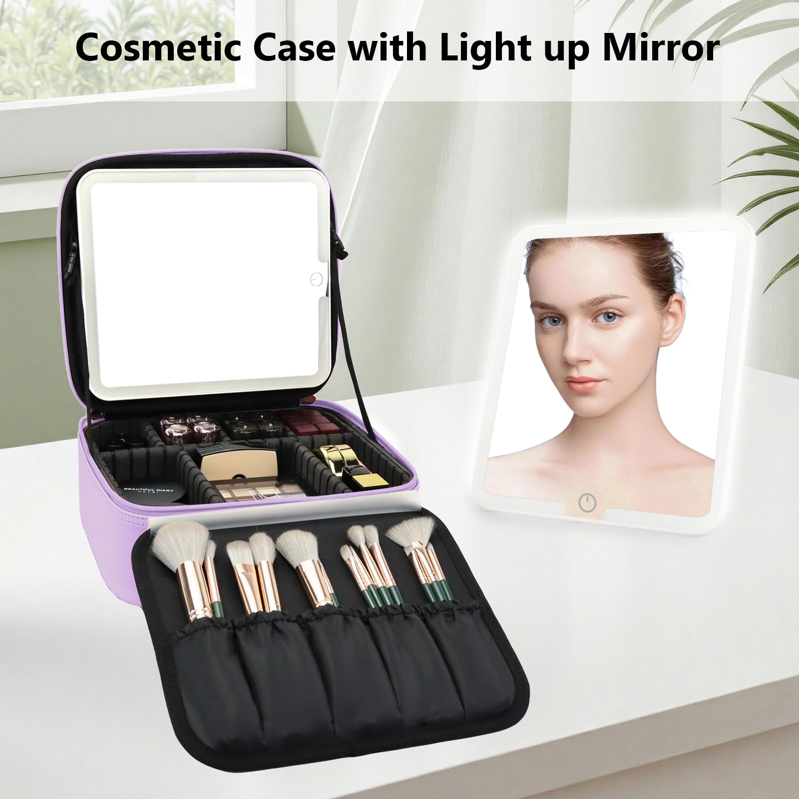 Make-up-Tasche mit LED-Spiegel, Reise-Make-up-Organizer mit 3 beleuchteten Einstellungen, verstellbaren Trennwänden und Make-up-Pinsel-Aufbewahrung, 6-Purple
