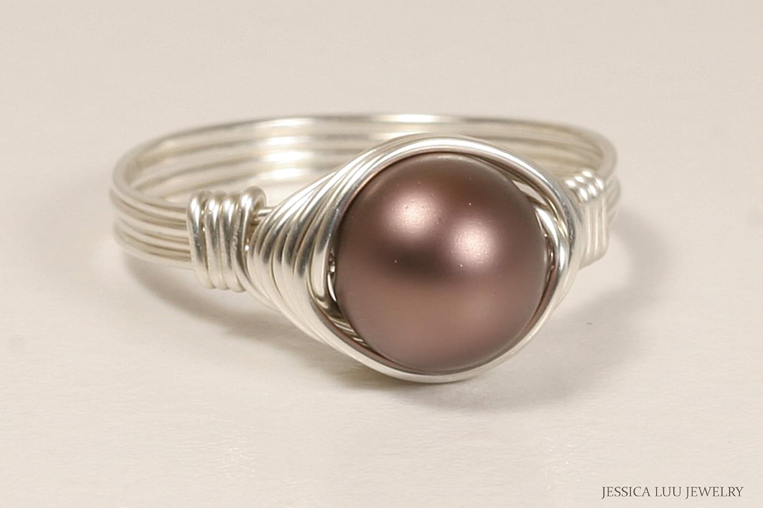 JESSICA LUU JEWELRY Brown Pearl Ring Sterling Silver or Gold 8mm Solitaire Wire Wrapped Handmade