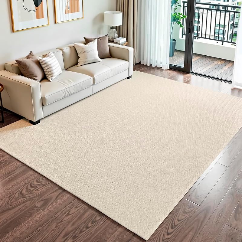 Tapete Grande 2x3m para Sala Quarto Cru e Cinza Neutro 100% Algodão Base Antiderrapante Minimalista Rústico Chic Moderno Sem Pelo Fácil de Limpar Lavável (Cru)