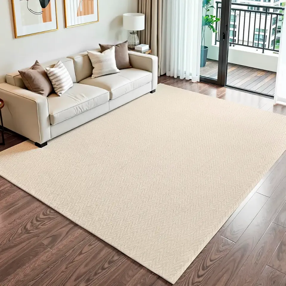 Tapete Grande 2x3m para Sala Quarto Cru e Cinza Neutro 100% Algodão Base Antiderrapante Minimalista Rústico Chic Moderno Sem Pelo Fácil de Limpar Lavável (Cru)