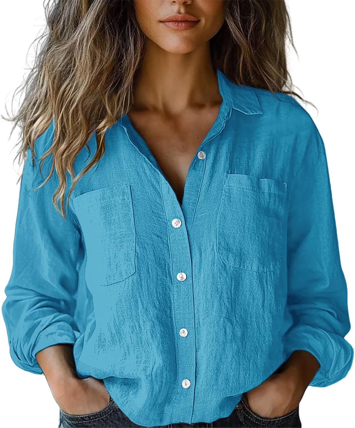 Womens Loose Long Sleeve Button Down Shirts with Pockets Wrinkle Free Solid Work Blouse Casual Business Outfits - Image 3