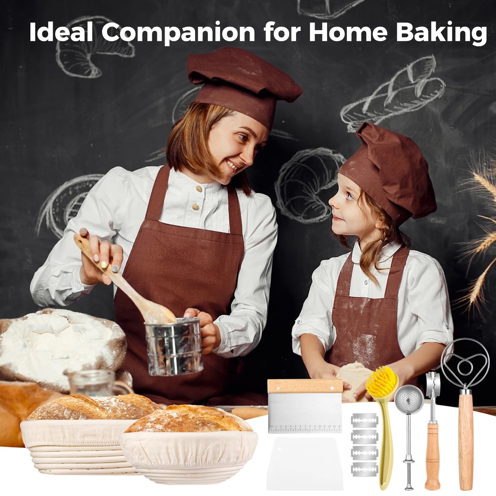 Banneton Brot Gärkörbe Set, 9 Zoll rund und 10 Zoll oval, mit Brotklinge, dänischem Schneebesen, Teigschabern, Sieb und Reinigungsbürste, Sauerteig Werkzeugset, Brotbackwerkzeuge