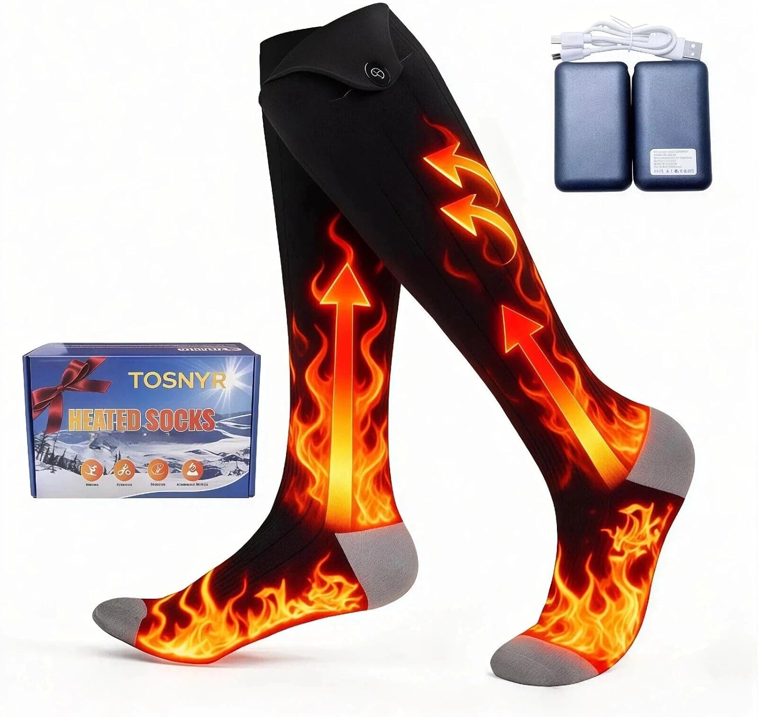 Heated Socks for Men & Women, Rechargeable Battery Powered, 4 Heat Settings Winter Socks,Washable Electric Foot Warmer and Leg Warmers for Winter, Hunting, Camping, Hiking, Fishing, Outdoor Activities