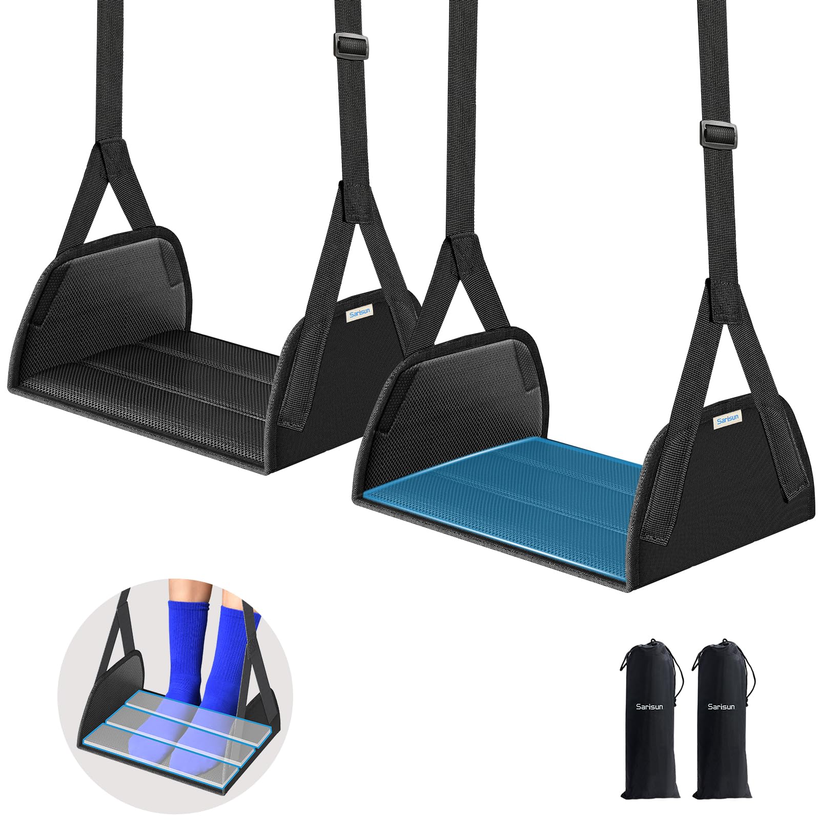SARISUN 2-Pack Foot Hammock for Flight, No Collapse Airplane Foot Rest with Wide PE Board Support, Portable Foot Sling for Plane and Under Desk with Adjustable Strap, Carry Bags for Women & Men
