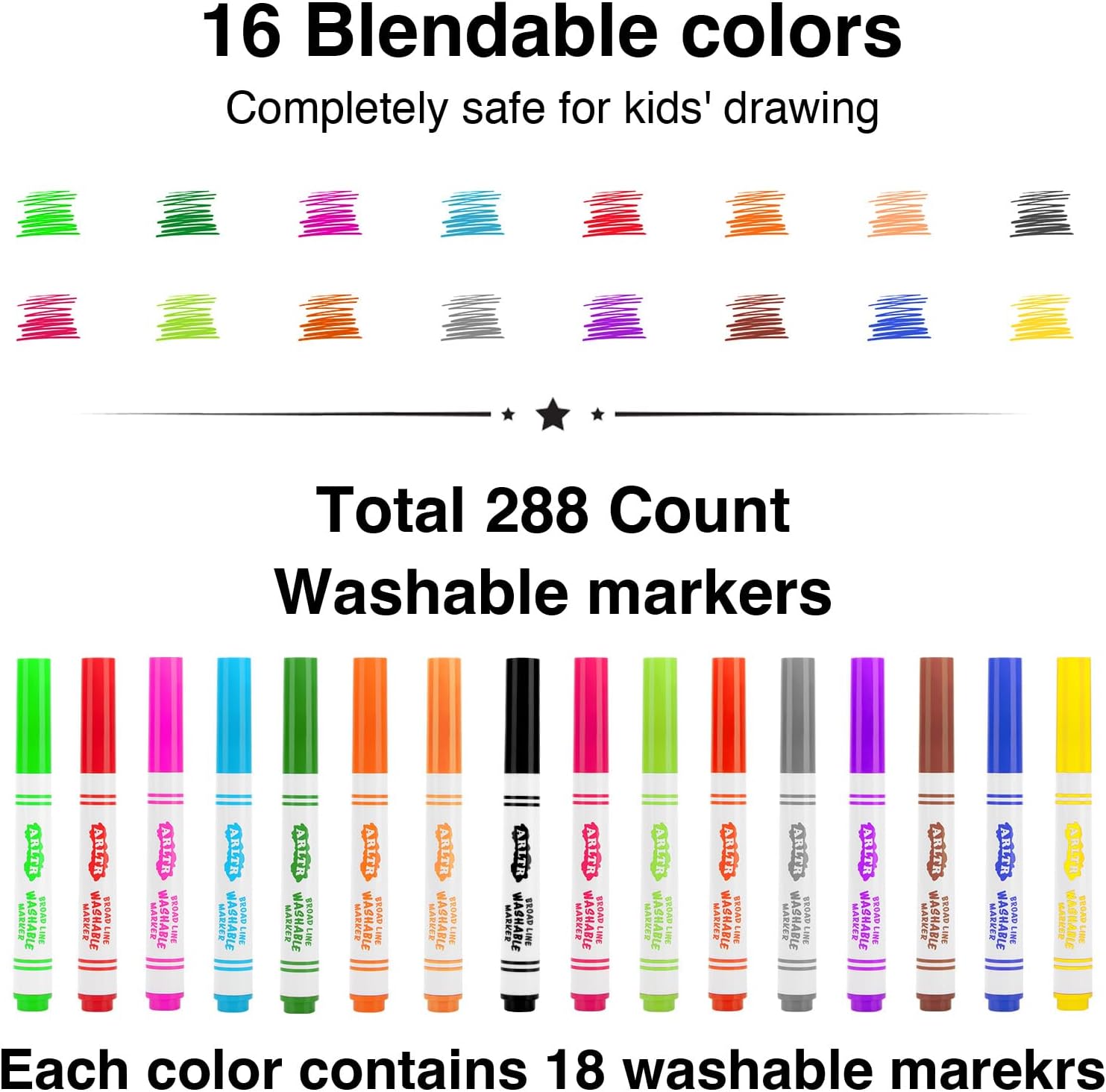 224-Count Washable Markers Bulk Pack for Kids - 16 Vibrant Colors, Broad Line Conical Tip, Perfect for Classroom, School, Teachers & Students - Non-Toxic Art Supplies for Drawing & Crafts