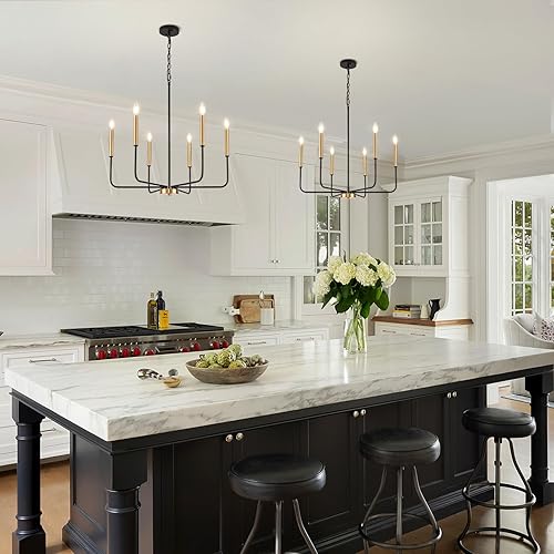 Miniatura 5 de ONESMING Candelabro moderno negro y dorado para comedor, accesorios de iluminación de cocina de metal de 6 luces, luces colgantes de vela estilo