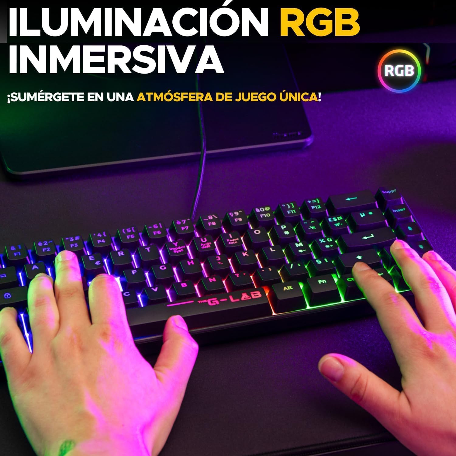 The G-Lab Keyz Hydrogen – Teclado Gaming Qwert – Incluye Ñ – Teclado para Juegos Semi mecanico – Teclado Gamer 60%, retroiluminación Multicolor – Mini Teclado Gamer silencioso, para PC,PS4,PS5 4