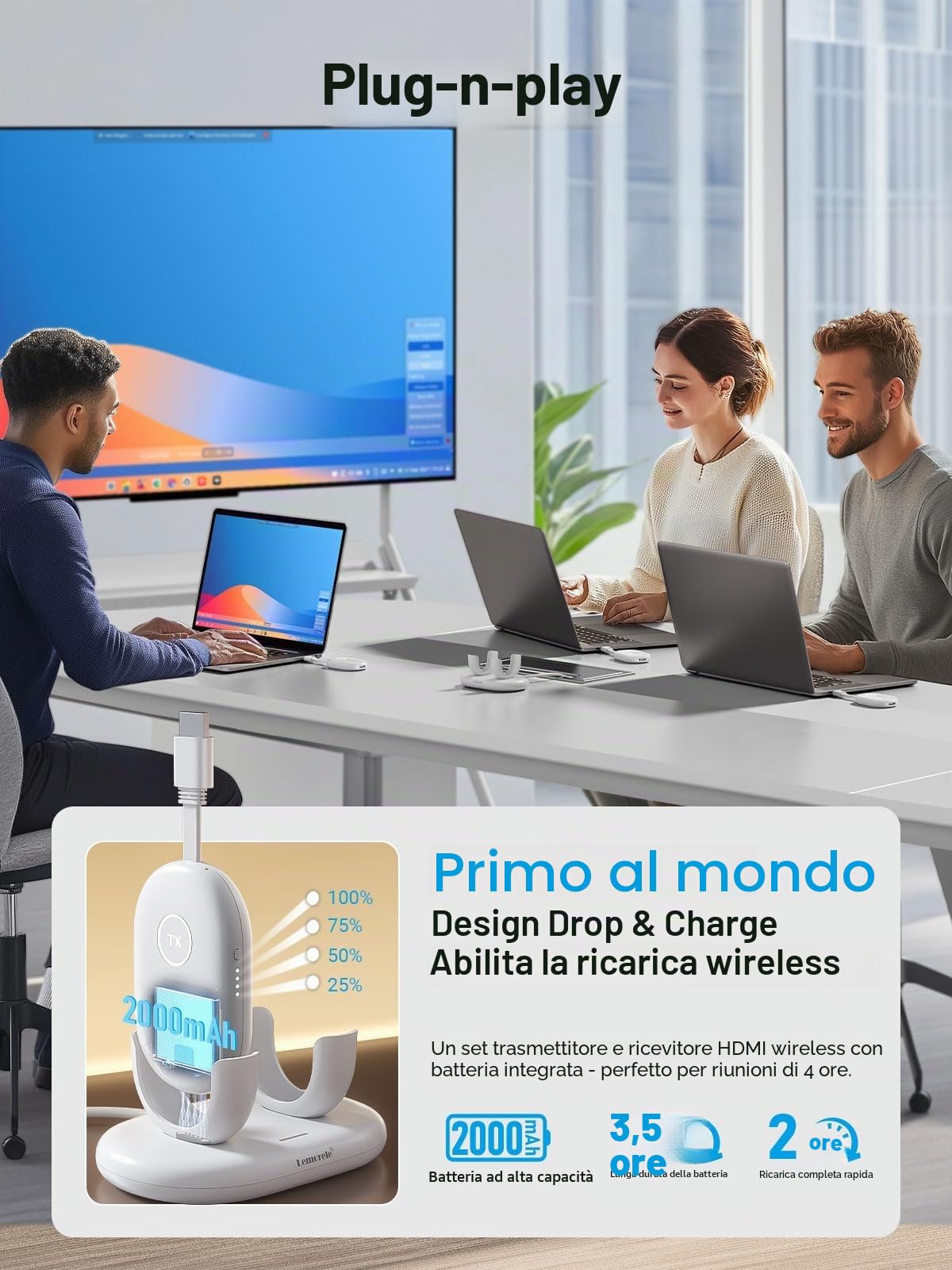 Lemorele Trasmettitore e Ricevitore HDMI Wireless con Adattatore USB-C, Batteria 2000mAh, 8 TX a 1 RX, Trasmissione HDMI Wireless 50m per PC, Fotocamera, HDTV, Proiettore