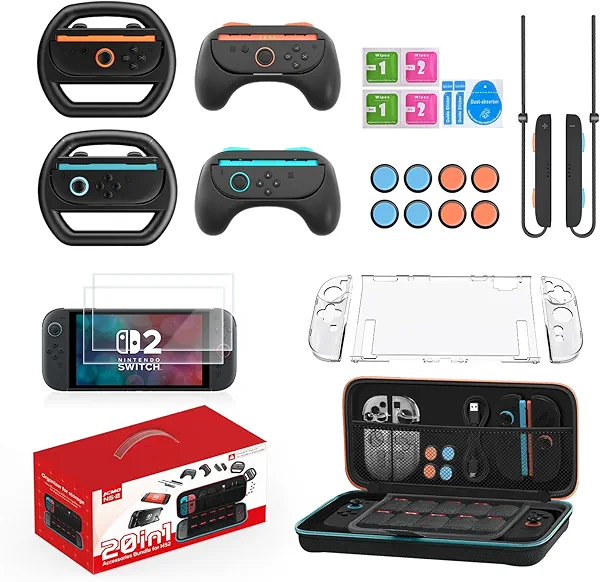 JCMO 20 IN 1 Switch 2 Accessories Bundle for Nintendo Switch 2 (2025): Carrying Case,Console Protective Cover,HD Screen Protector,Grips for Joycons Controller,FPS Mouse Grip,Steering Wheel for Mario Kart