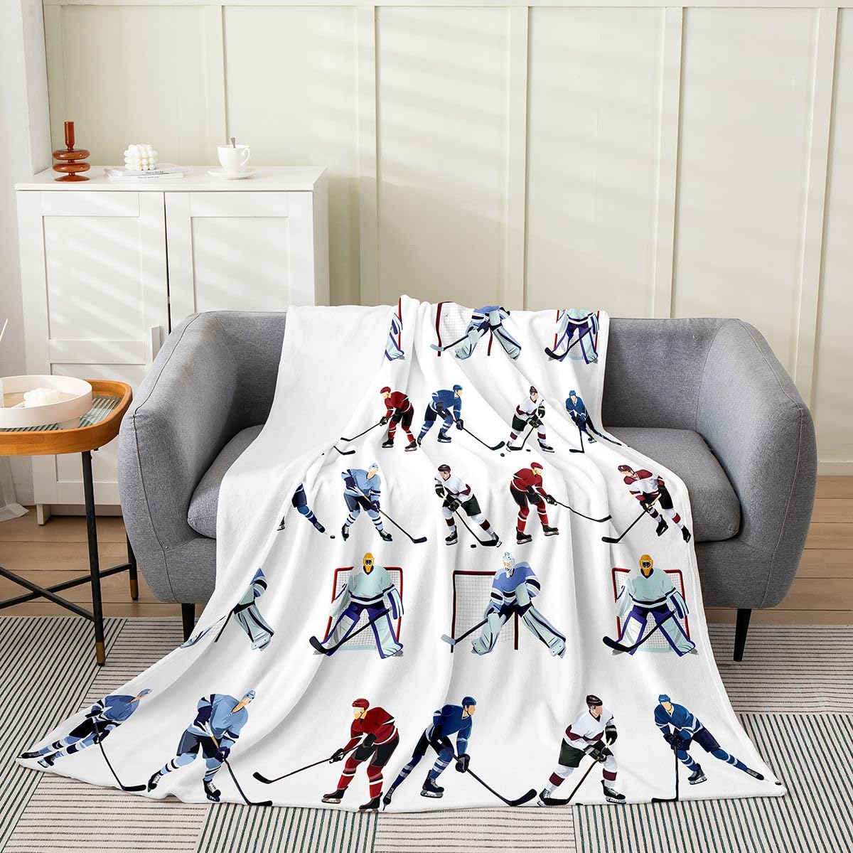 Feelyou Hockey Player All Season Bed Blanket Kids,Sports Fleece Throw Blanket Flannel Fuzzy Blanket for Boys Girls,Winter Sports Event Microfiber